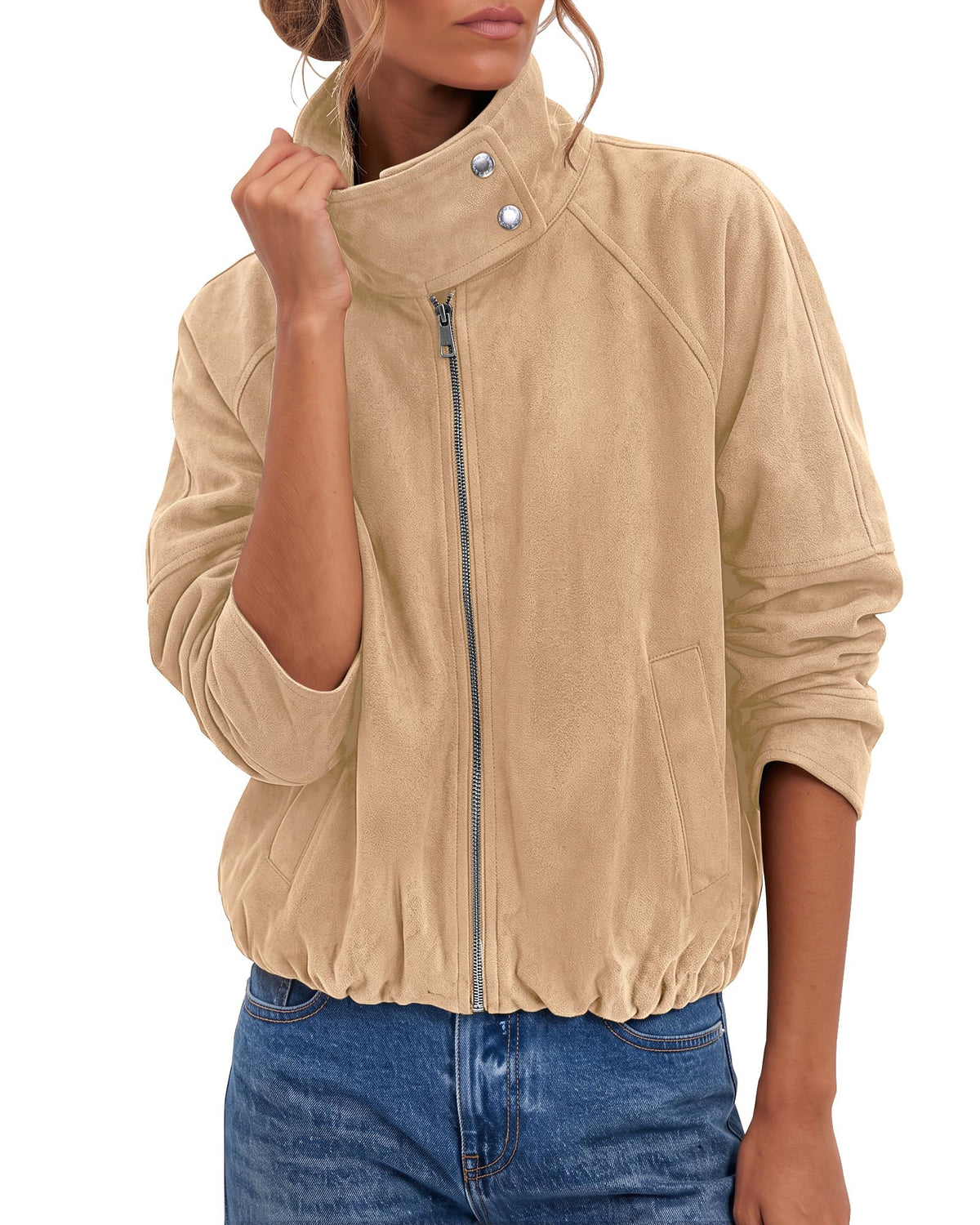 luvamia Faux Suede Jackets Women Oversized Cropped Funnel Neck Zip Up Coats