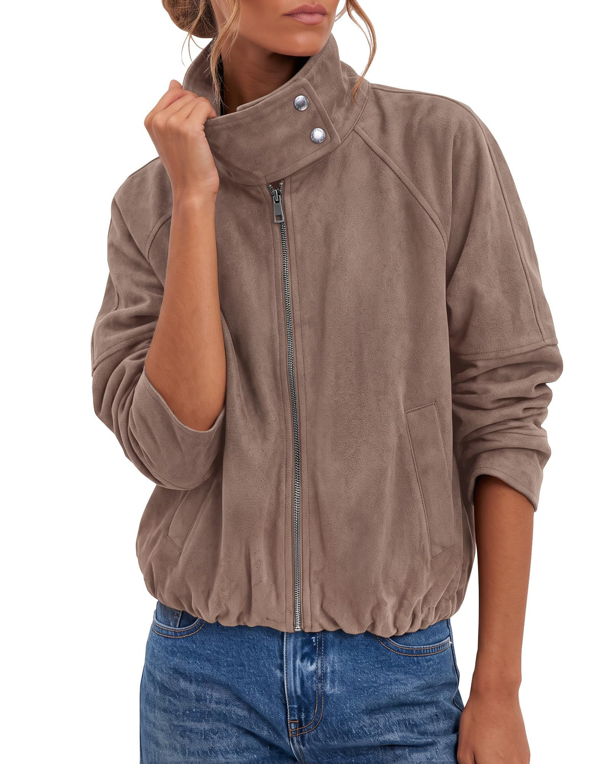 luvamia Faux Suede Jackets Women Oversized Cropped Funnel Neck Zip Up Coats