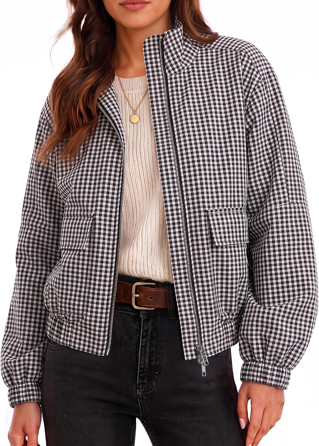 Womens Cropped Plaid Jacket Zip Up Lightweight Casual Coat with Pockets