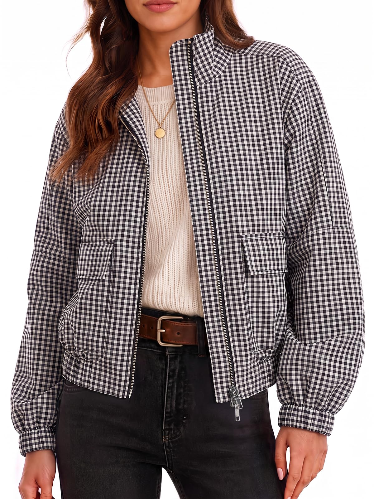 Womens Cropped Plaid Jacket Zip Up Lightweight Casual Coat with Pockets