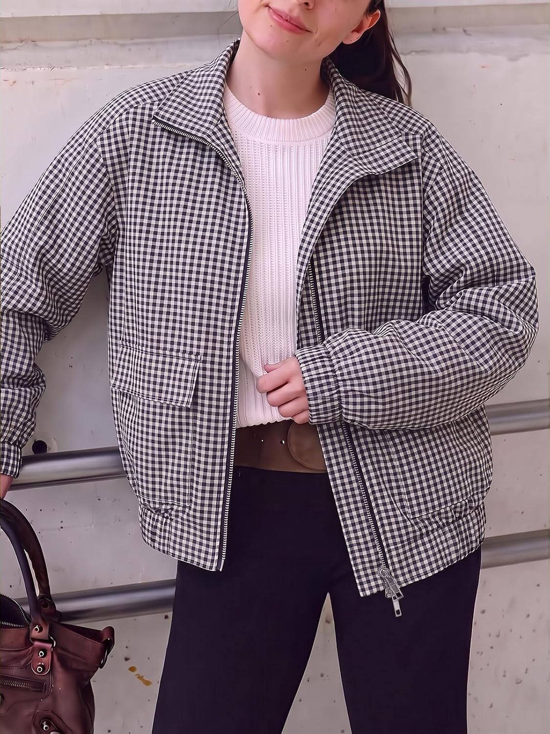 Womens Cropped Plaid Jacket Zip Up Lightweight Casual Coat with Pockets