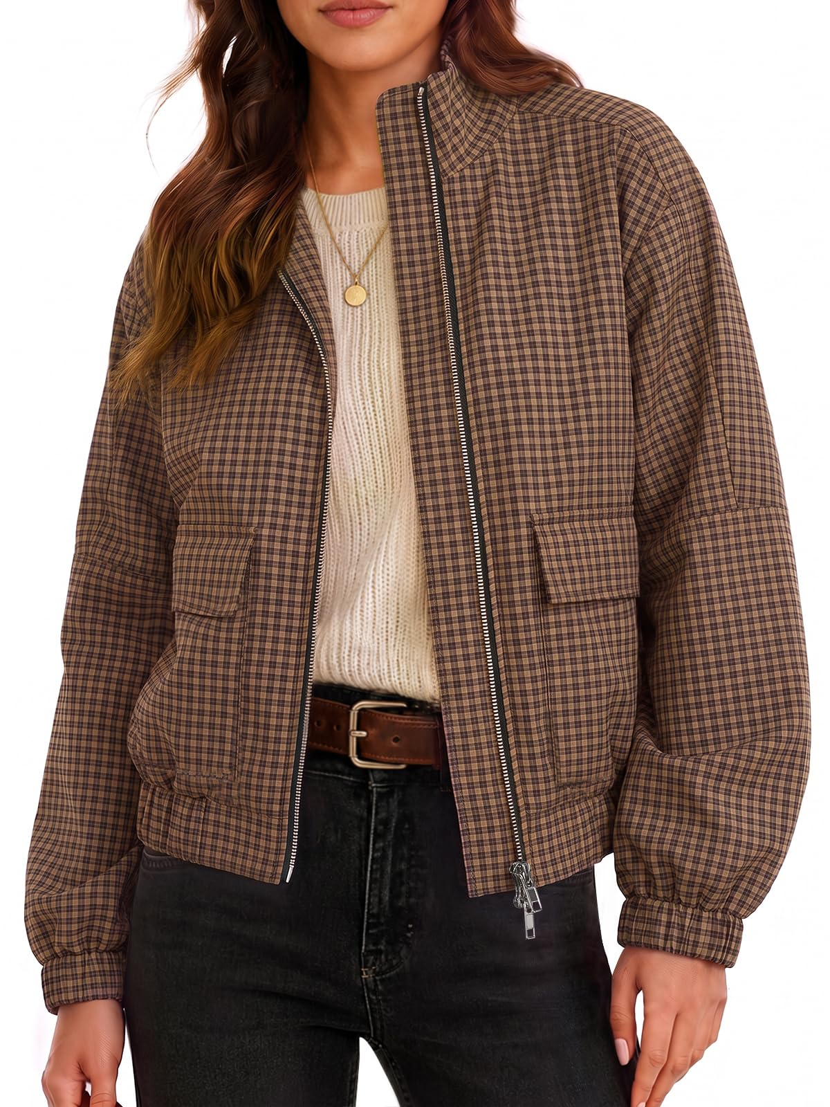 Womens Cropped Plaid Jacket Zip Up Lightweight Casual Coat with Pockets