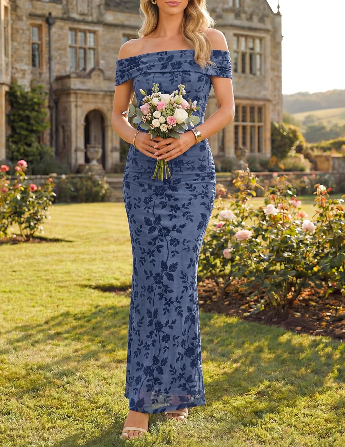 ZESICA Women's Summer Off Shoulder Floral Bodycon Maxi Dress 2026 Ruched Elegant Formal Cocktail Wedding Guest Long Dresses
