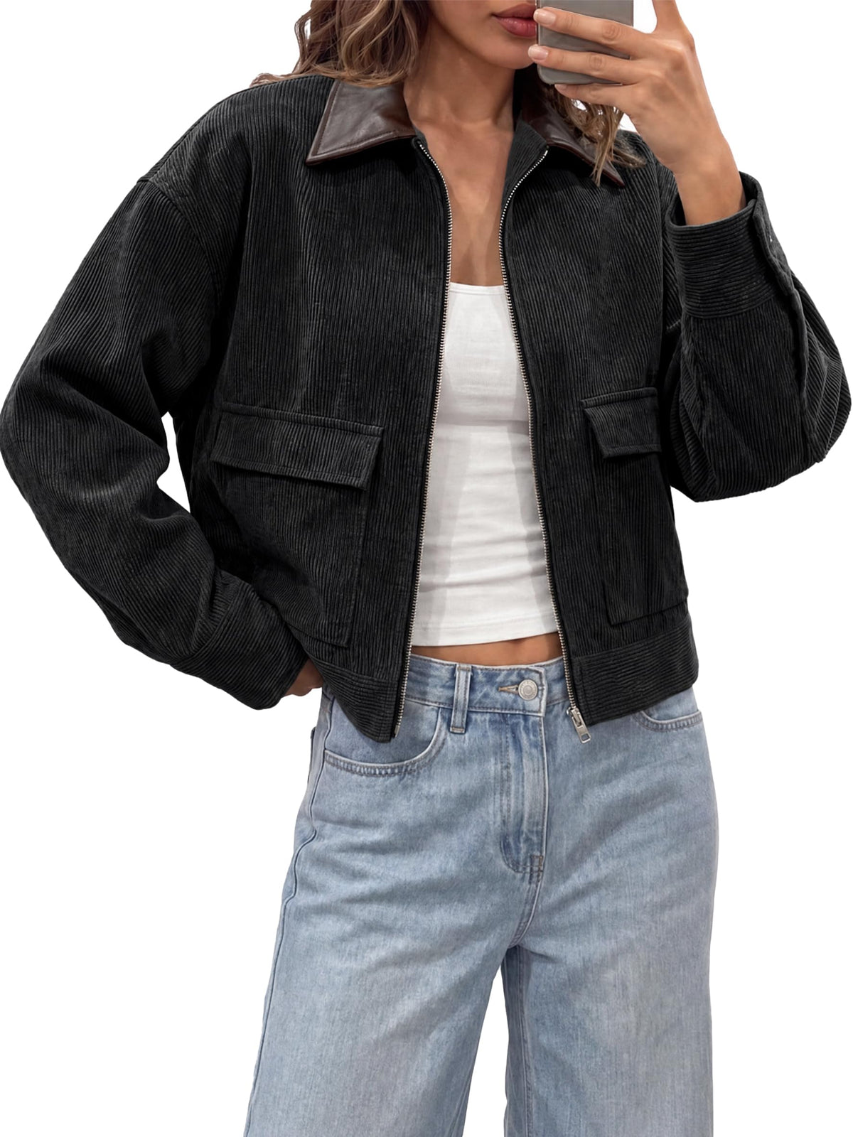 Tankaneo Womens Cropped Corduroy Jackets Oversized Zip Up Barn Bomber Coat