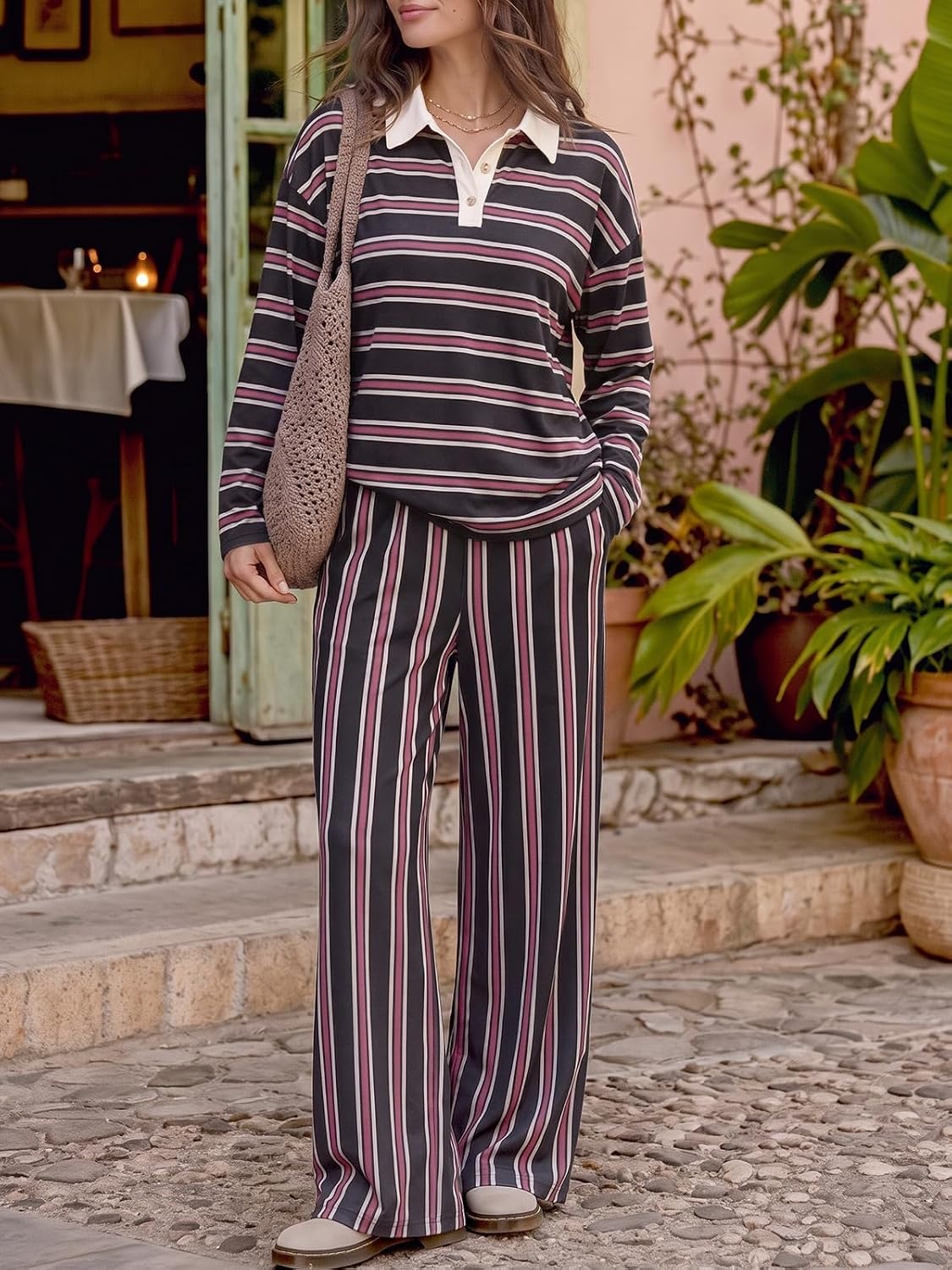 Tankaneo Womens Striped 2 Piece Lounge Sets Long Sleeve Pants Sets