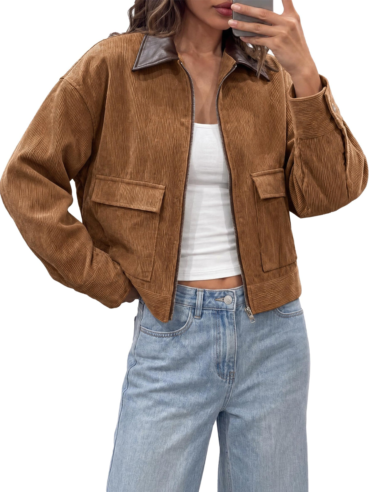 Tankaneo Womens Cropped Corduroy Jackets Oversized Zip Up Barn Bomber Coat