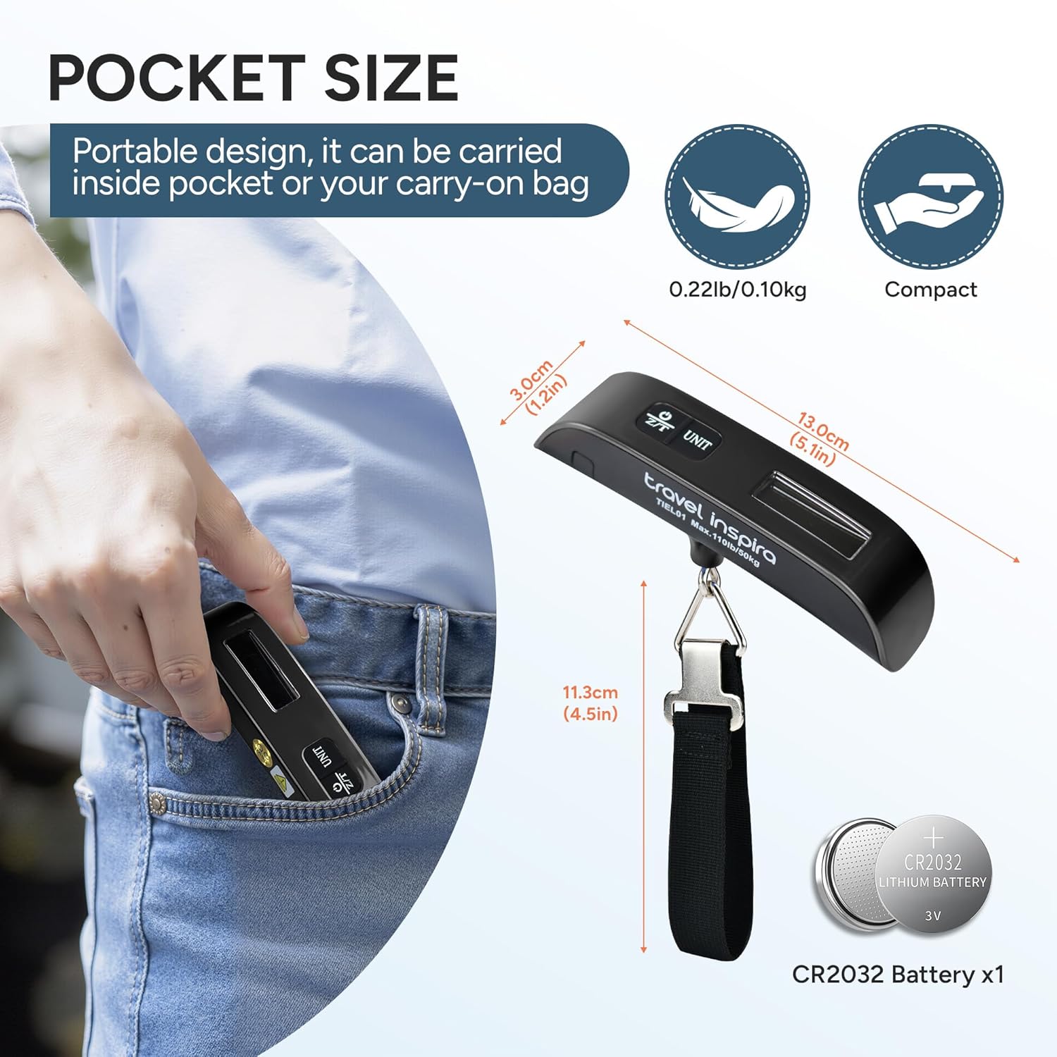 travel inspira Luggage Scale, Portable Digital Hanging Baggage Scale for Travel, Suitcase Weight Scale with Rubber Paint, 110 Pounds, Battery Included - Black