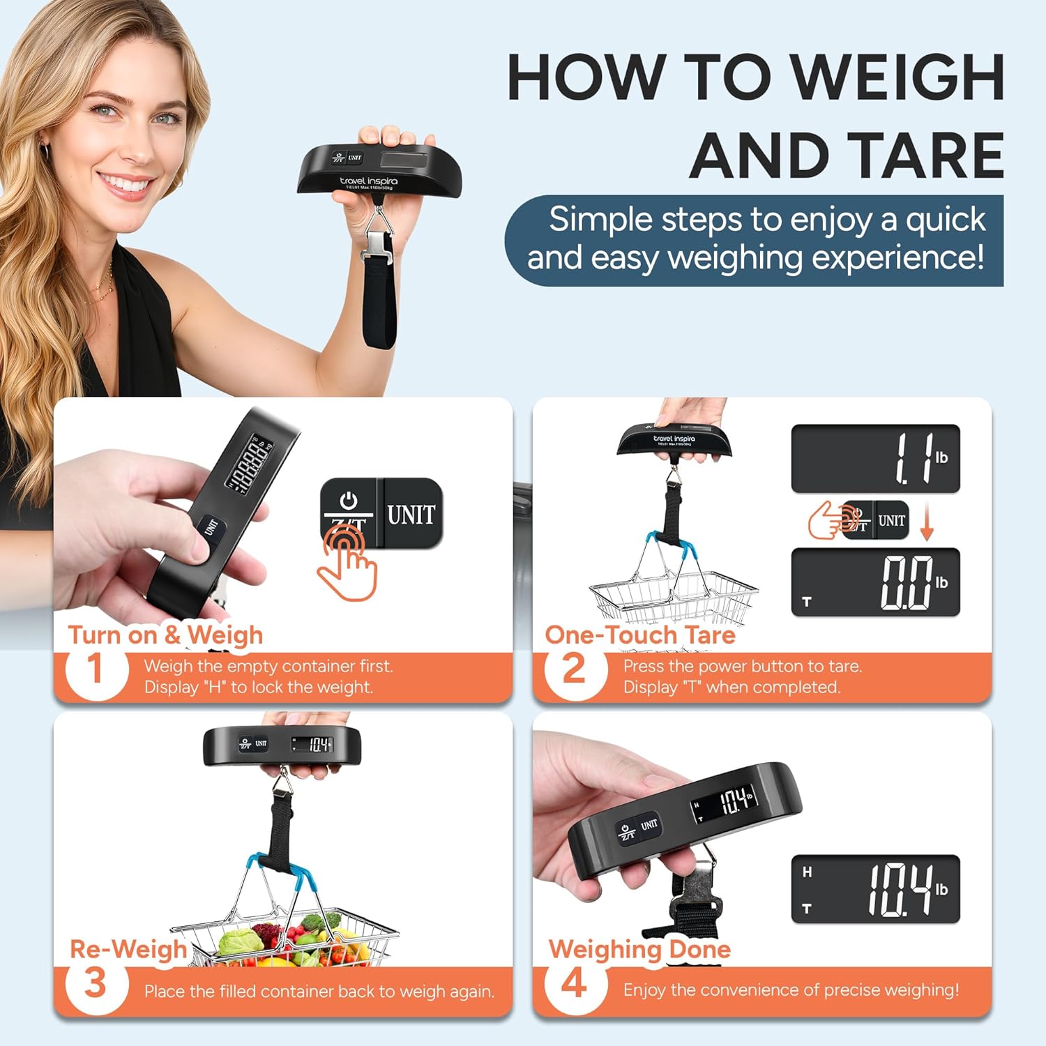 travel inspira Luggage Scale, Portable Digital Hanging Baggage Scale for Travel, Suitcase Weight Scale with Rubber Paint, 110 Pounds, Battery Included - Black