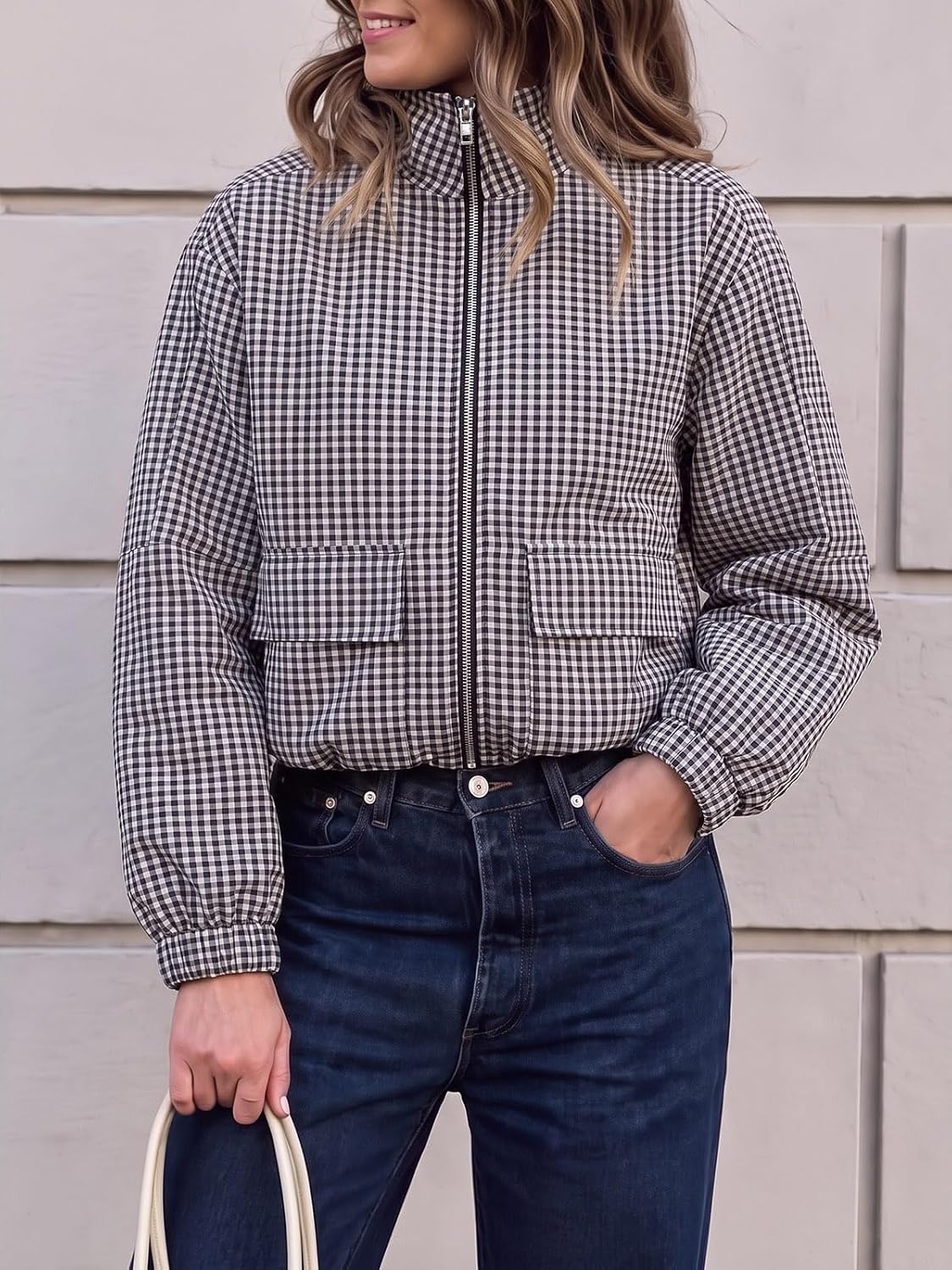 Womens Cropped Plaid Jacket Zip Up Lightweight Casual Coat with Pockets