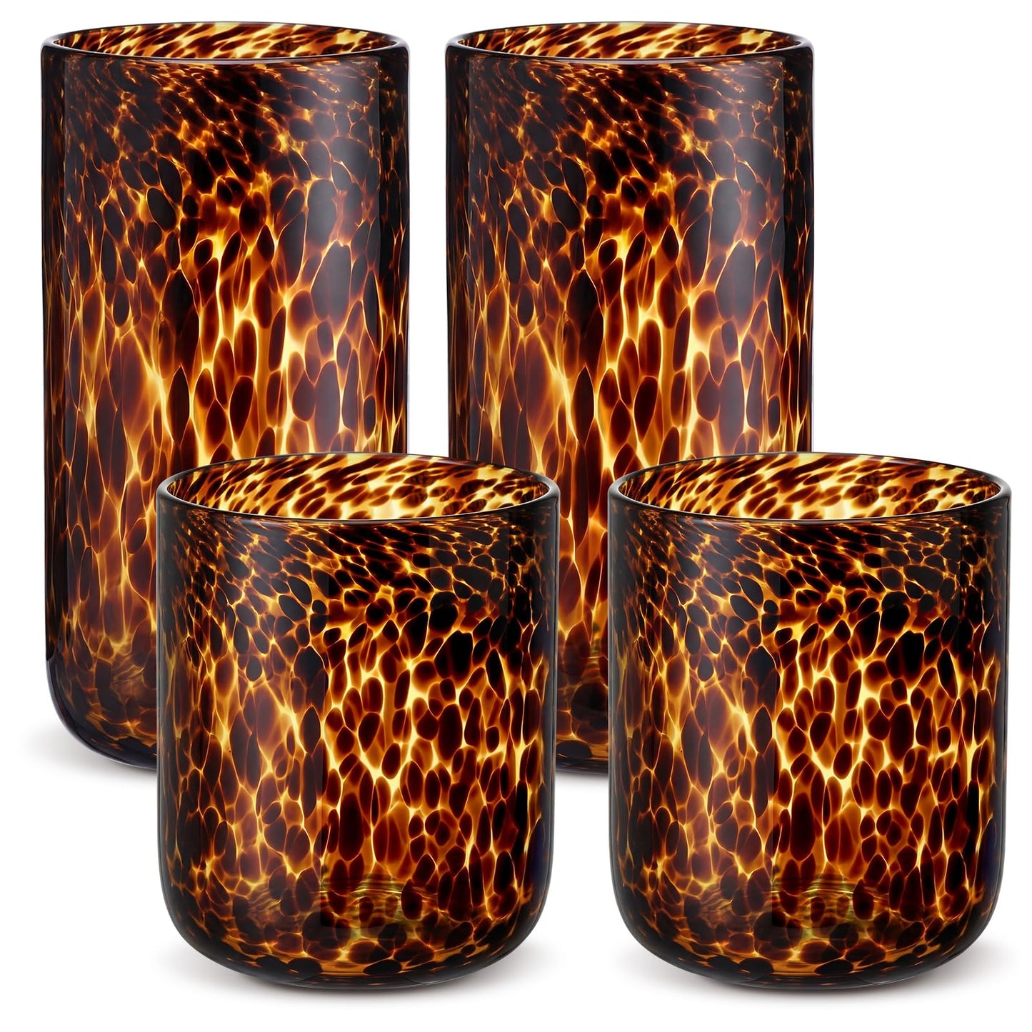 Honeydak Set of 4 Tortoise Leopard Print Brown 16oz Rocks Glasses Stylish Stemless Cocktail Cups Glass Glassware Tumbler Ideal for Gin, Tequila, Vodka, Soft Drinks