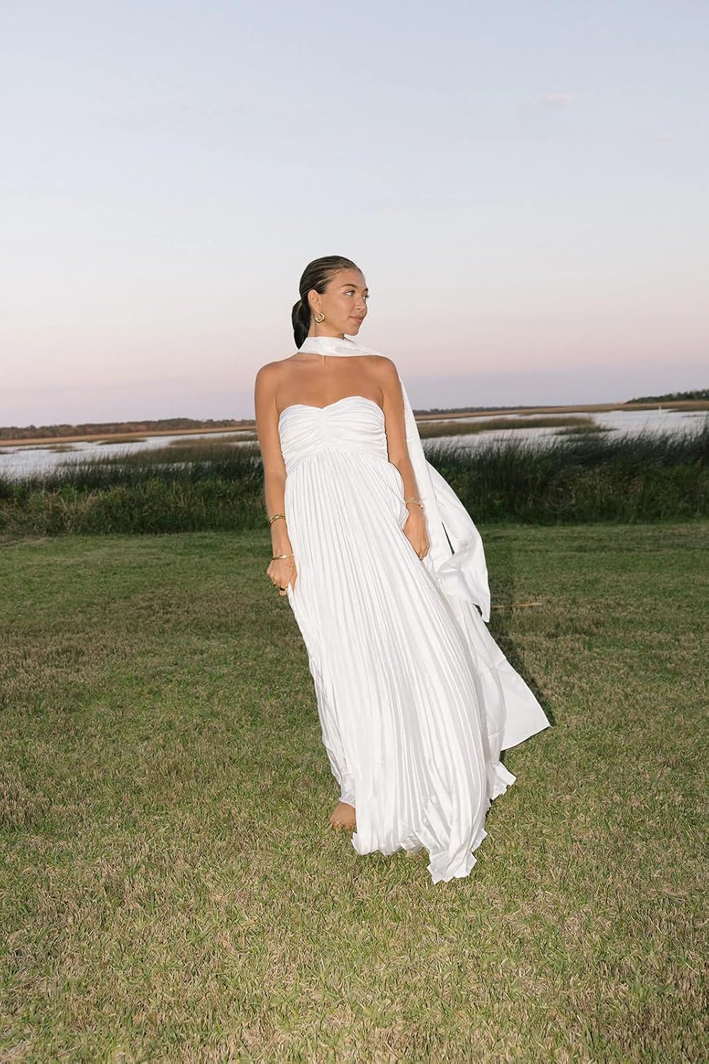 Women's Strapless Chiffon Bridesmaid Dresses with Scarf Long A-Line Pleated Formal Evening Dress WA096
