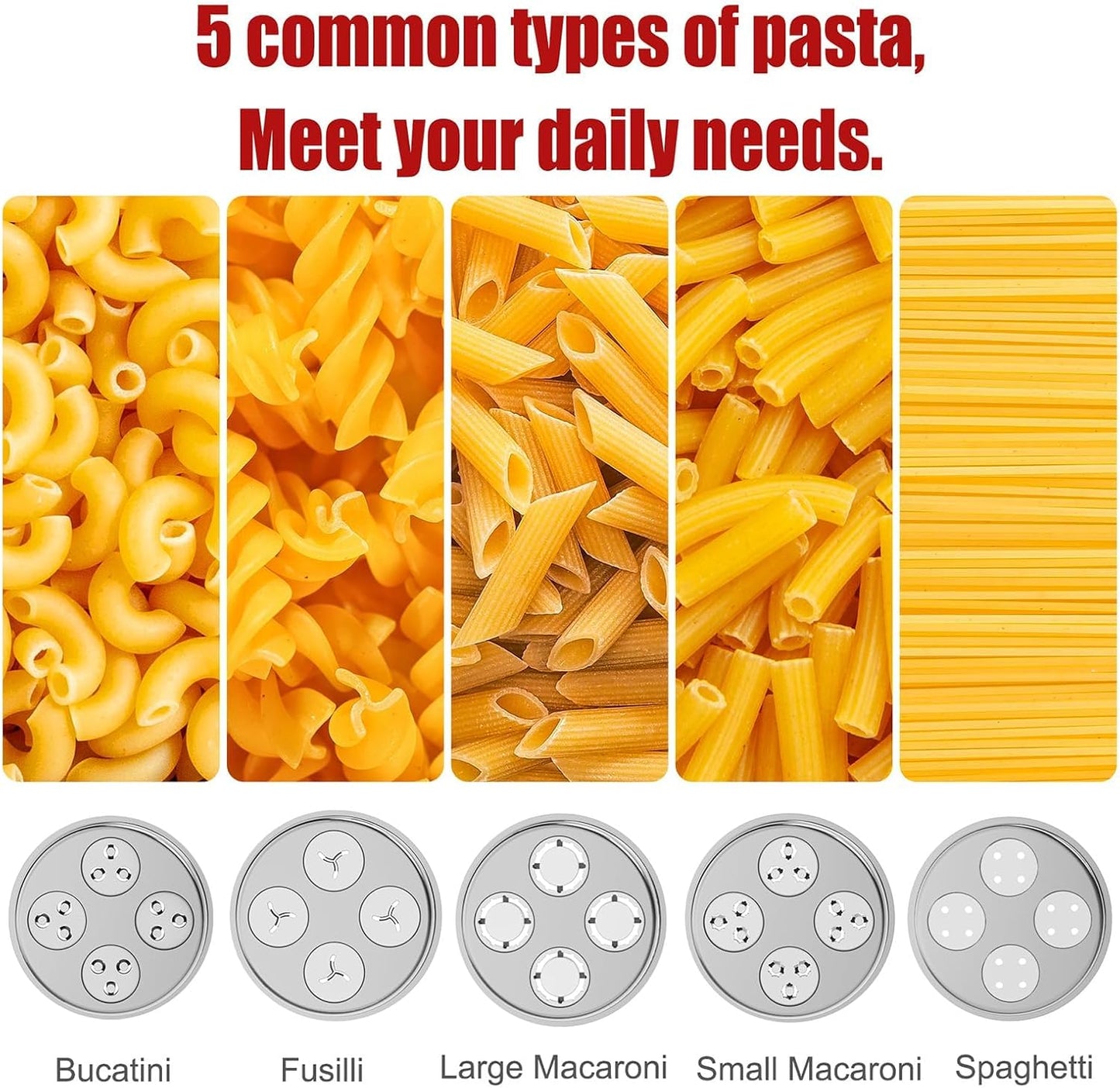 Metal Gourmet Pasta Press Attachment for KitchenAid Stand Mixer – Durable Pasta Maker Attachment with 5 Interchangeable Plates for Spaghetti, Bucatini, Fusilli, Large & Small Macaroni