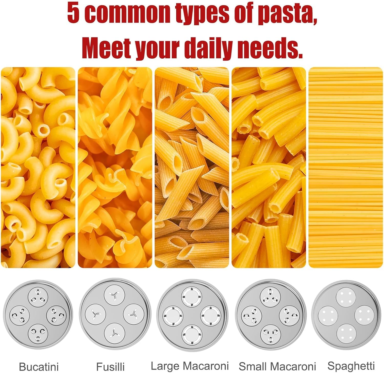 Metal Gourmet Pasta Press Attachment for KitchenAid Stand Mixer – Durable Pasta Maker Attachment with 5 Interchangeable Plates for Spaghetti, Bucatini, Fusilli, Large & Small Macaroni