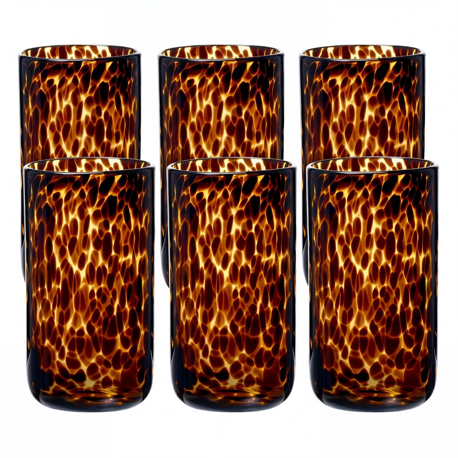 Honeydak Set of 4 Tortoise Leopard Print Brown 16oz Rocks Glasses Stylish Stemless Cocktail Cups Glass Glassware Tumbler Ideal for Gin, Tequila, Vodka, Soft Drinks