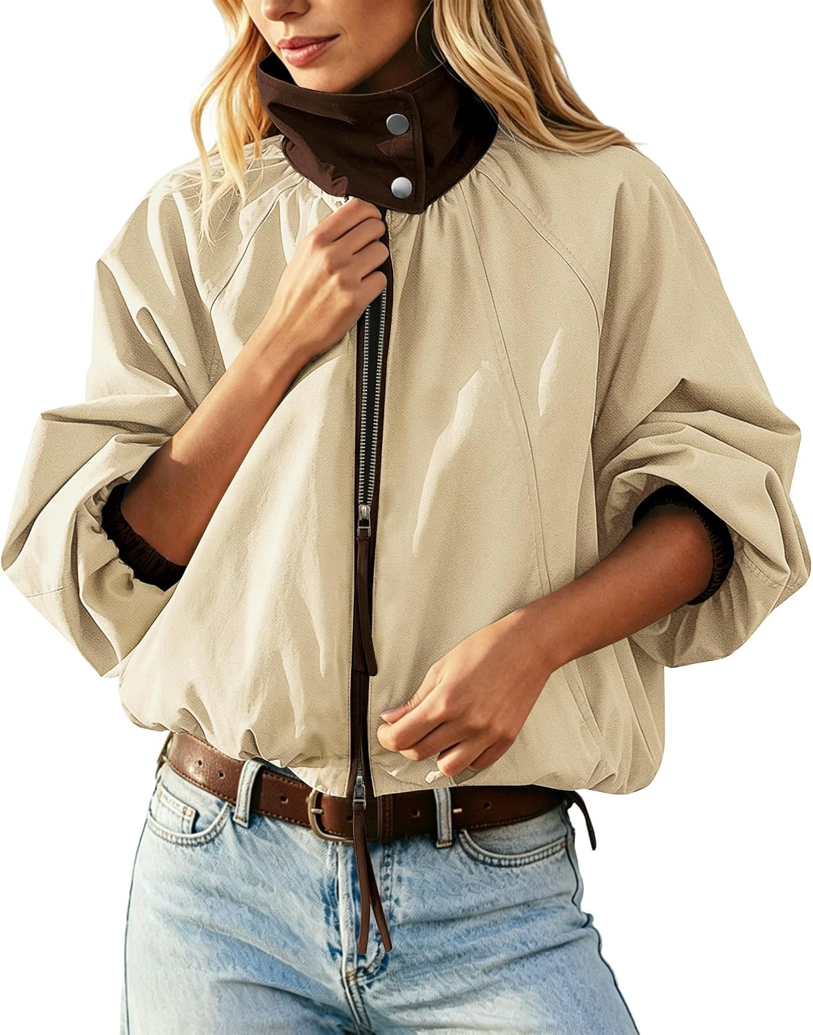 Womens Bomber Jacket Puffed Collar Trench Coat Funnel Neck Cropped Jackets