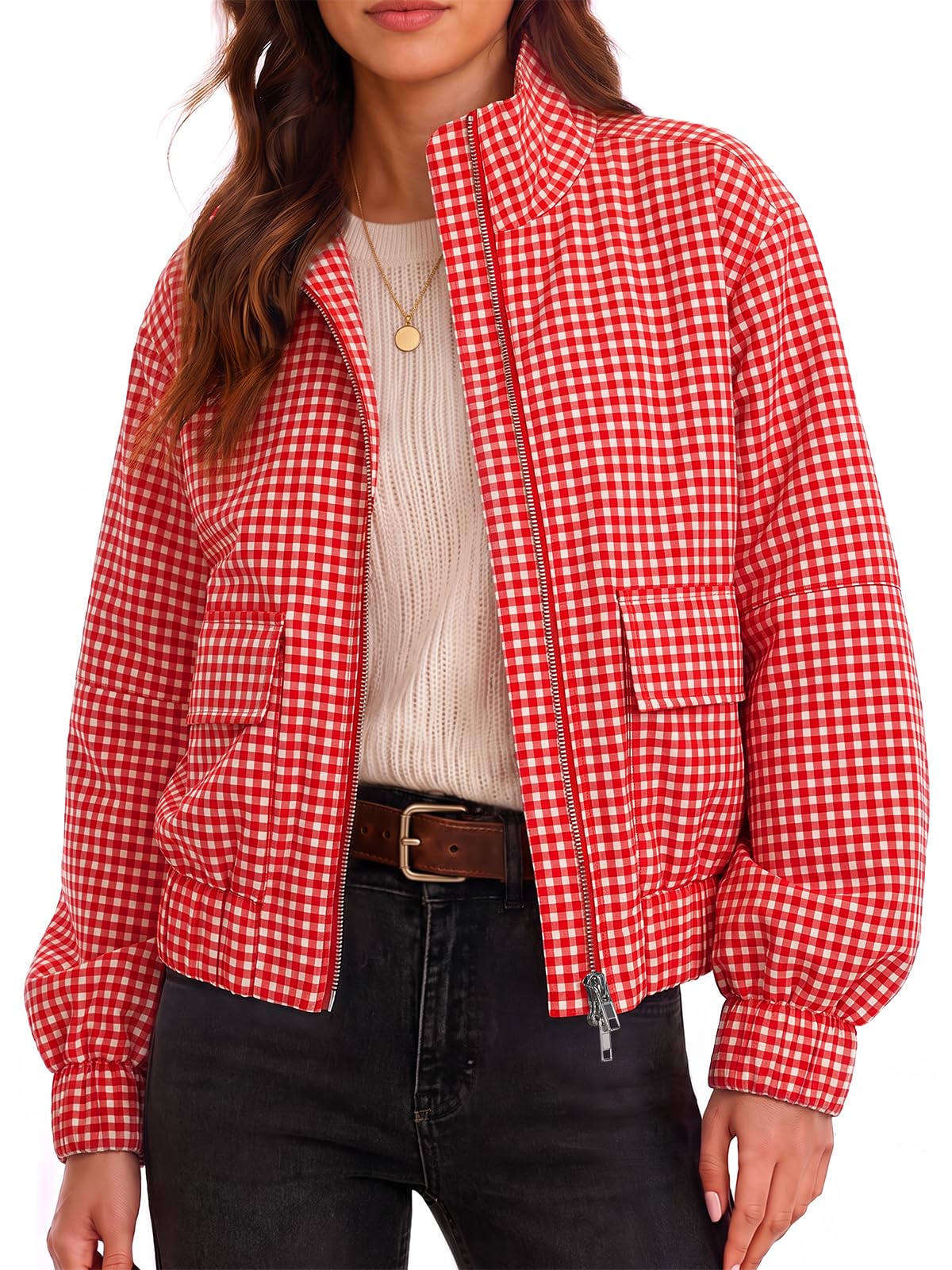 Womens Cropped Plaid Jacket Zip Up Lightweight Casual Coat with Pockets