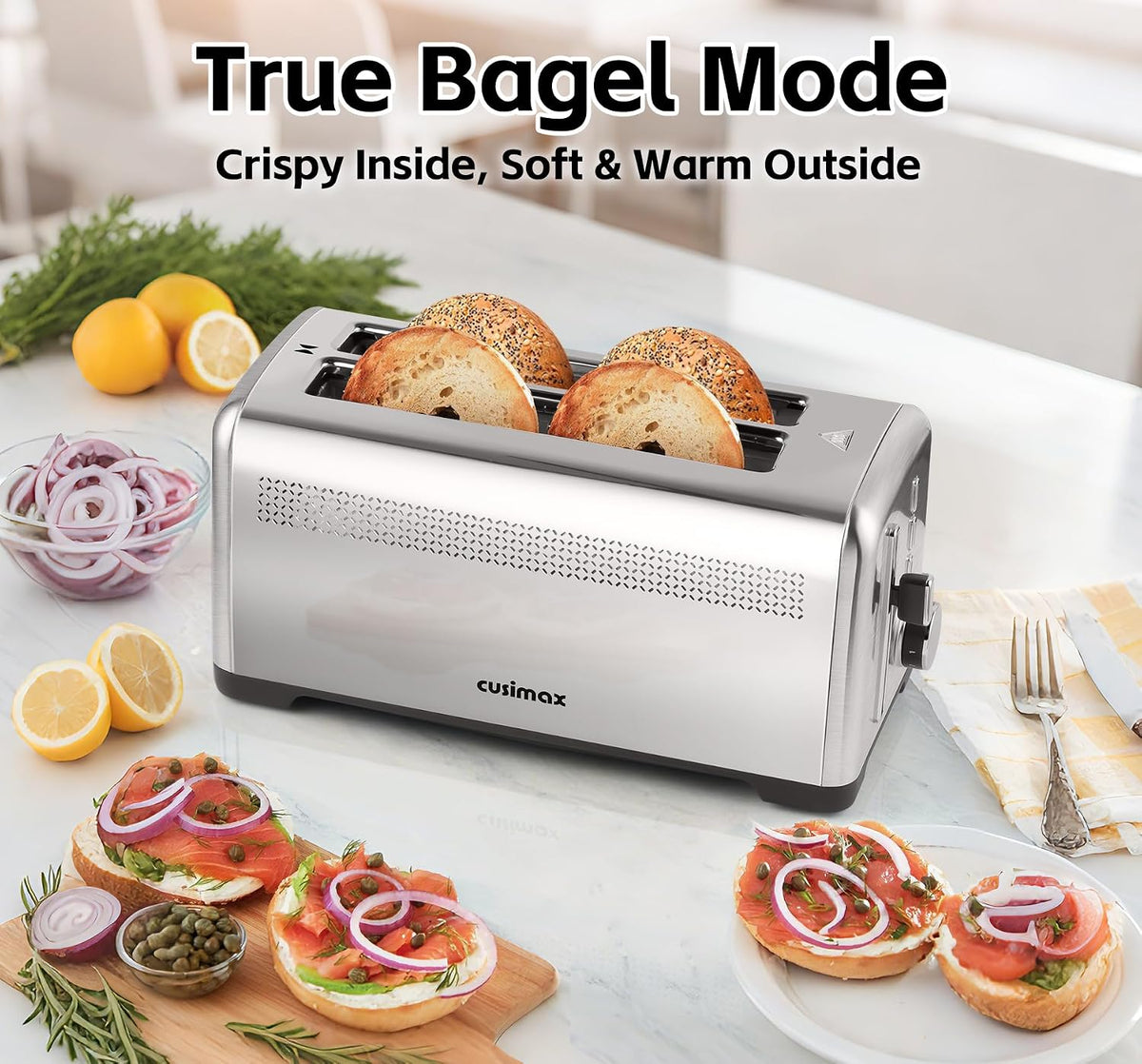4 Slice Toaster, CUSIMAX Extra-Long Slots for Artisan Bread, Quick Glance Function, 9 Browning Settings, Bagel, Defrost & Cancel, Removable Crumb Tray, Stainless Steel