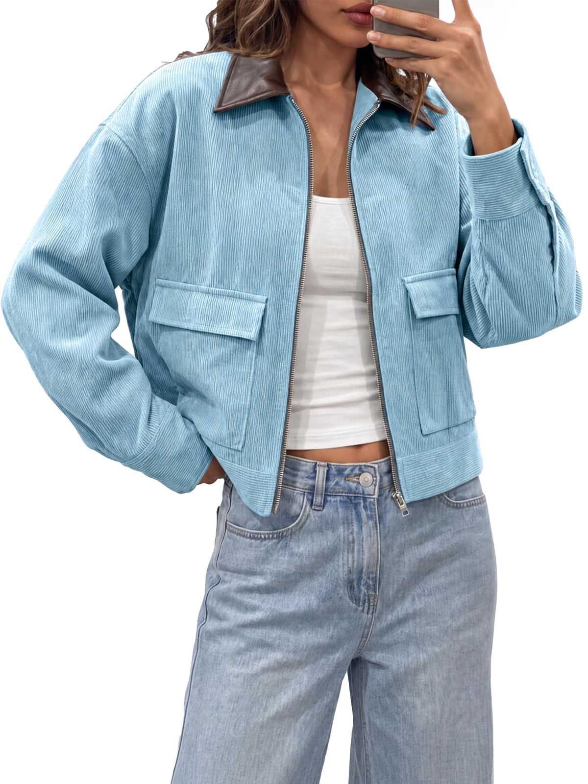 Tankaneo Womens Cropped Corduroy Jackets Oversized Zip Up Barn Bomber Coat