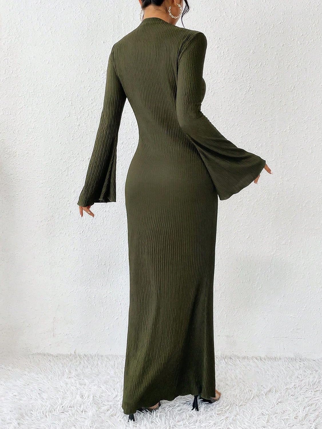 Narecte Fall Dresses for Women 2025 Maxi Dresses Solid Color Boho Dress Flare Sleeve Bodycon Dress