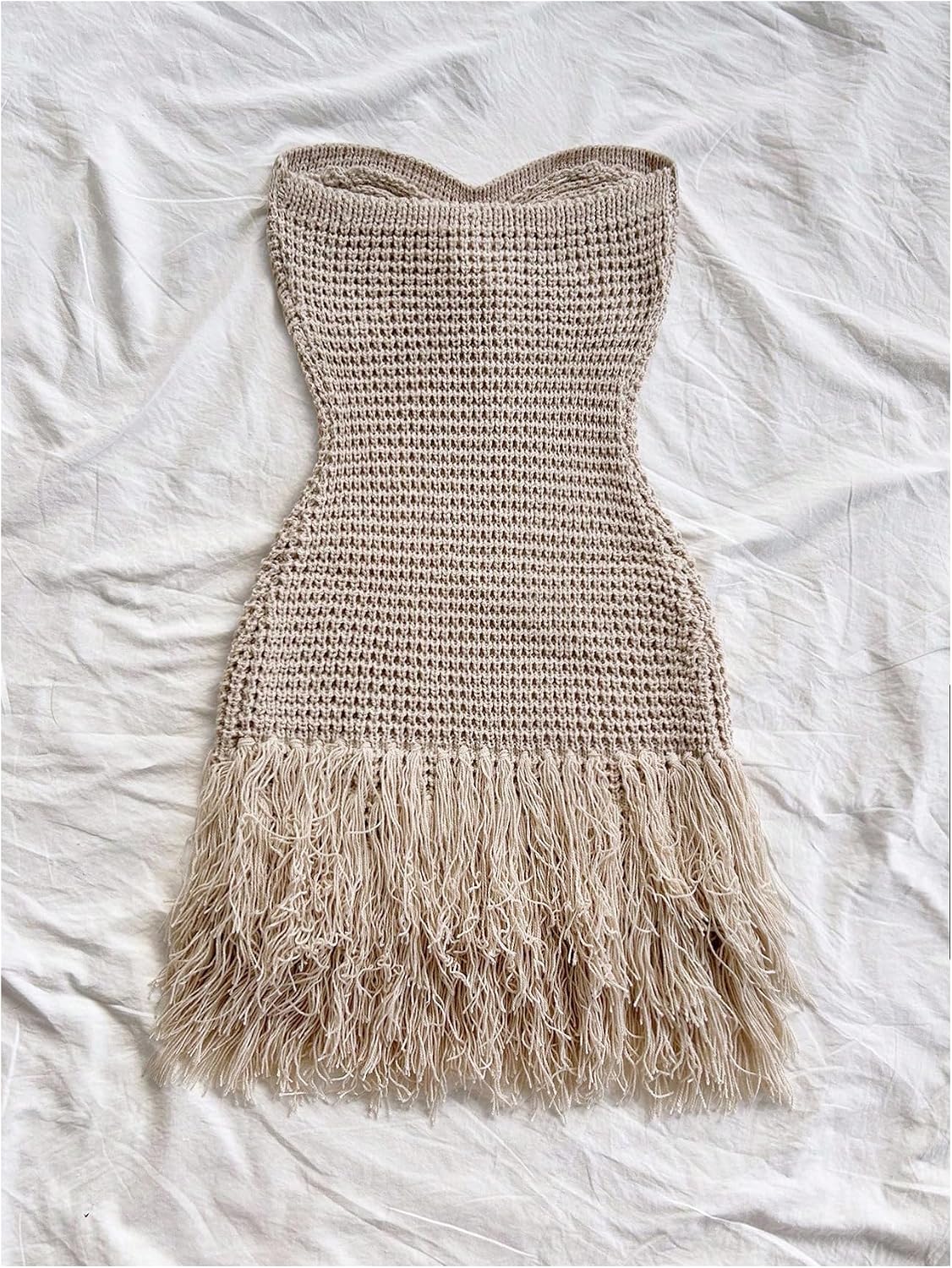 SweatyRocks Women's Boho Summer Vacation Strapless Crochet Fringe Tube Top Mini Dress