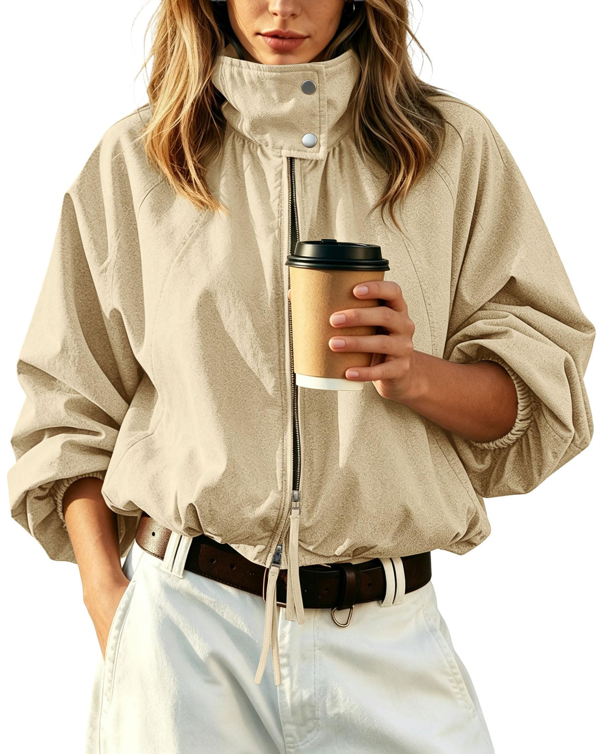 Womens Bomber Jacket Puffed Collar Trench Coat Funnel Neck Cropped Jackets