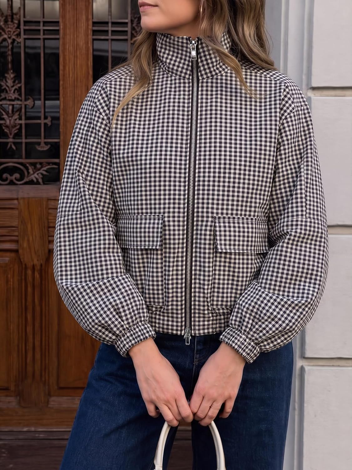 Womens Cropped Plaid Jacket Zip Up Lightweight Casual Coat with Pockets