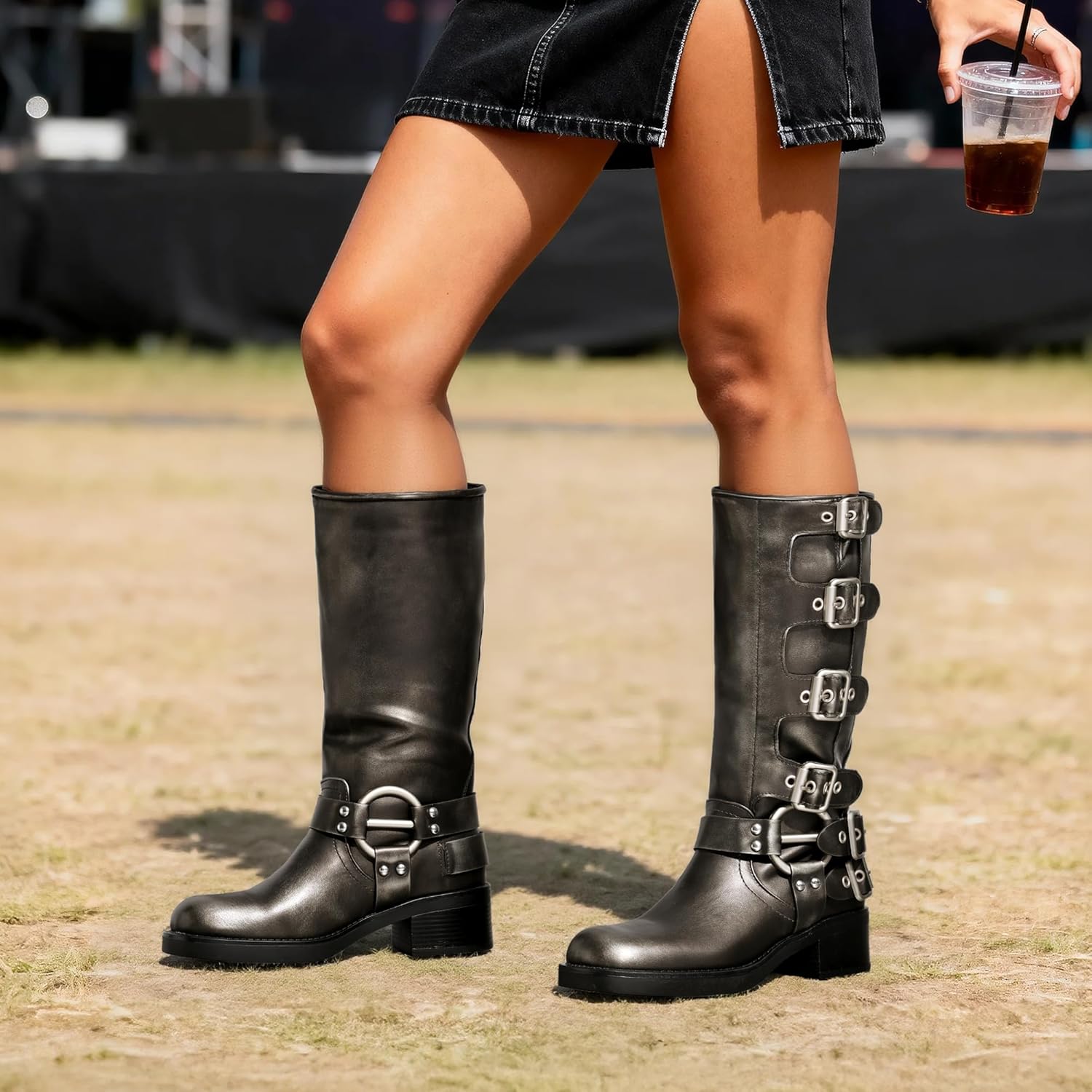 DREAM PAIRS Women's Knee High Riding Boots Side Zipper Motorcycle Boots Square Toe Chunky Heel Fashion Buckles Biker Boots