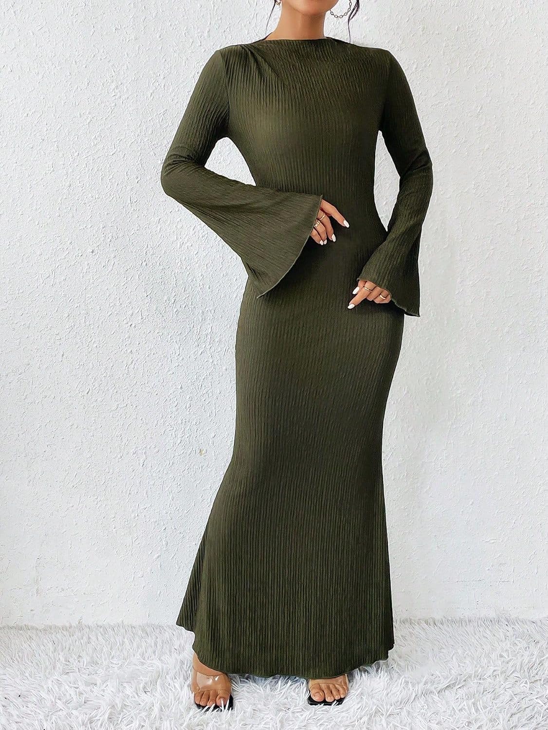 Narecte Fall Dresses for Women 2025 Maxi Dresses Solid Color Boho Dress Flare Sleeve Bodycon Dress