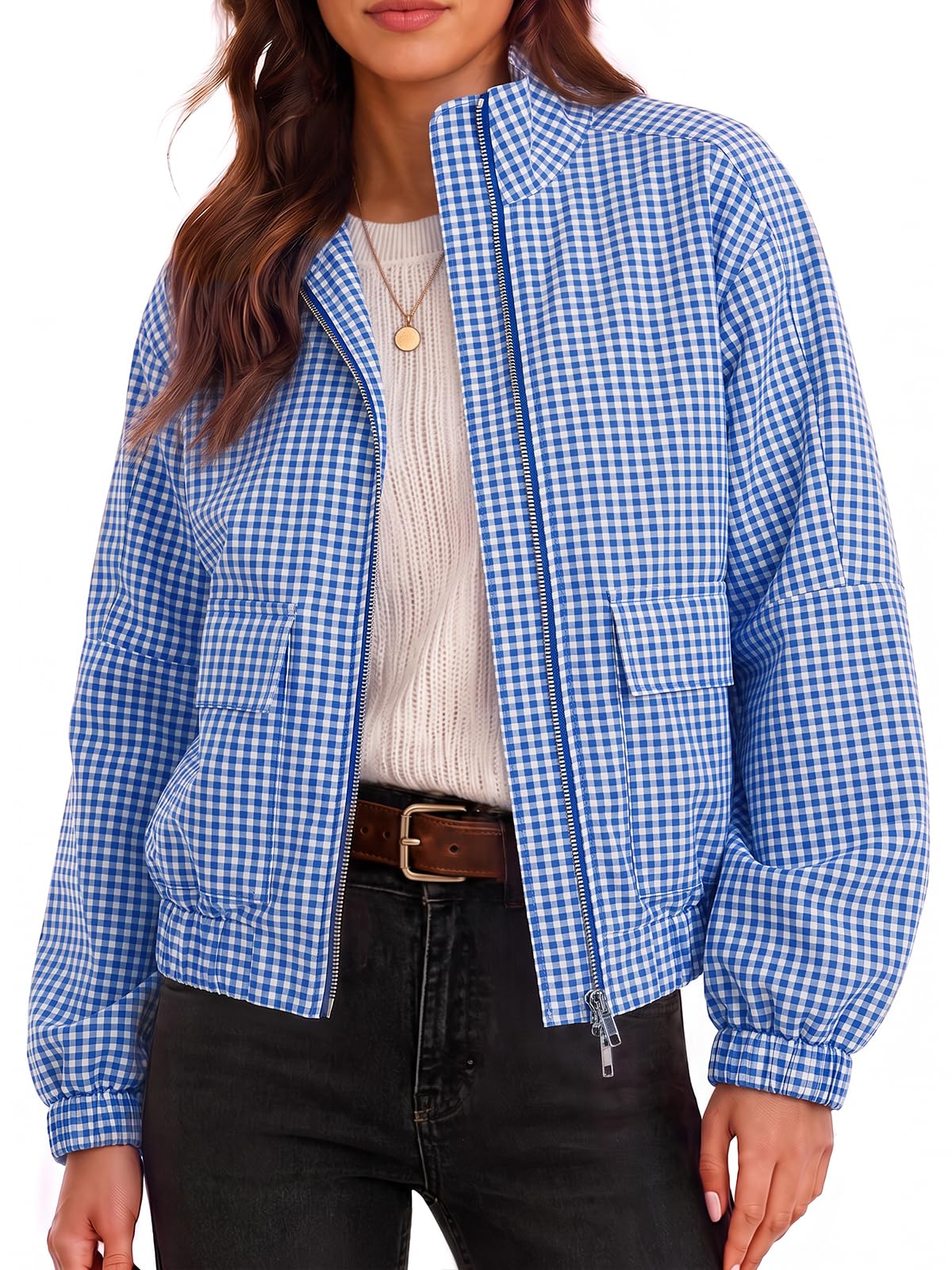 Womens Cropped Plaid Jacket Zip Up Lightweight Casual Coat with Pockets