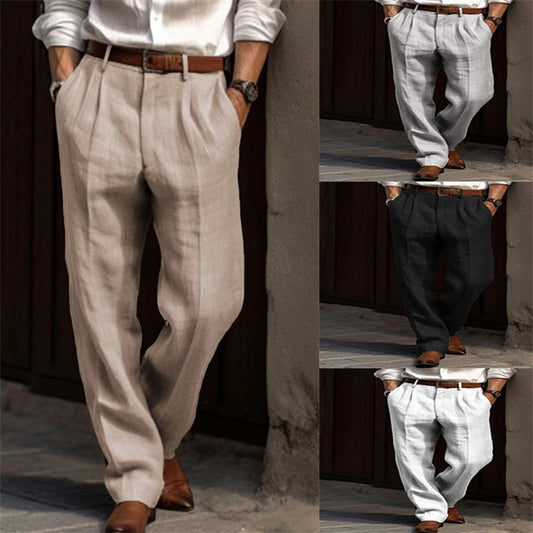 Men's Linen Trousers Double Pleated Front Pocket Straight