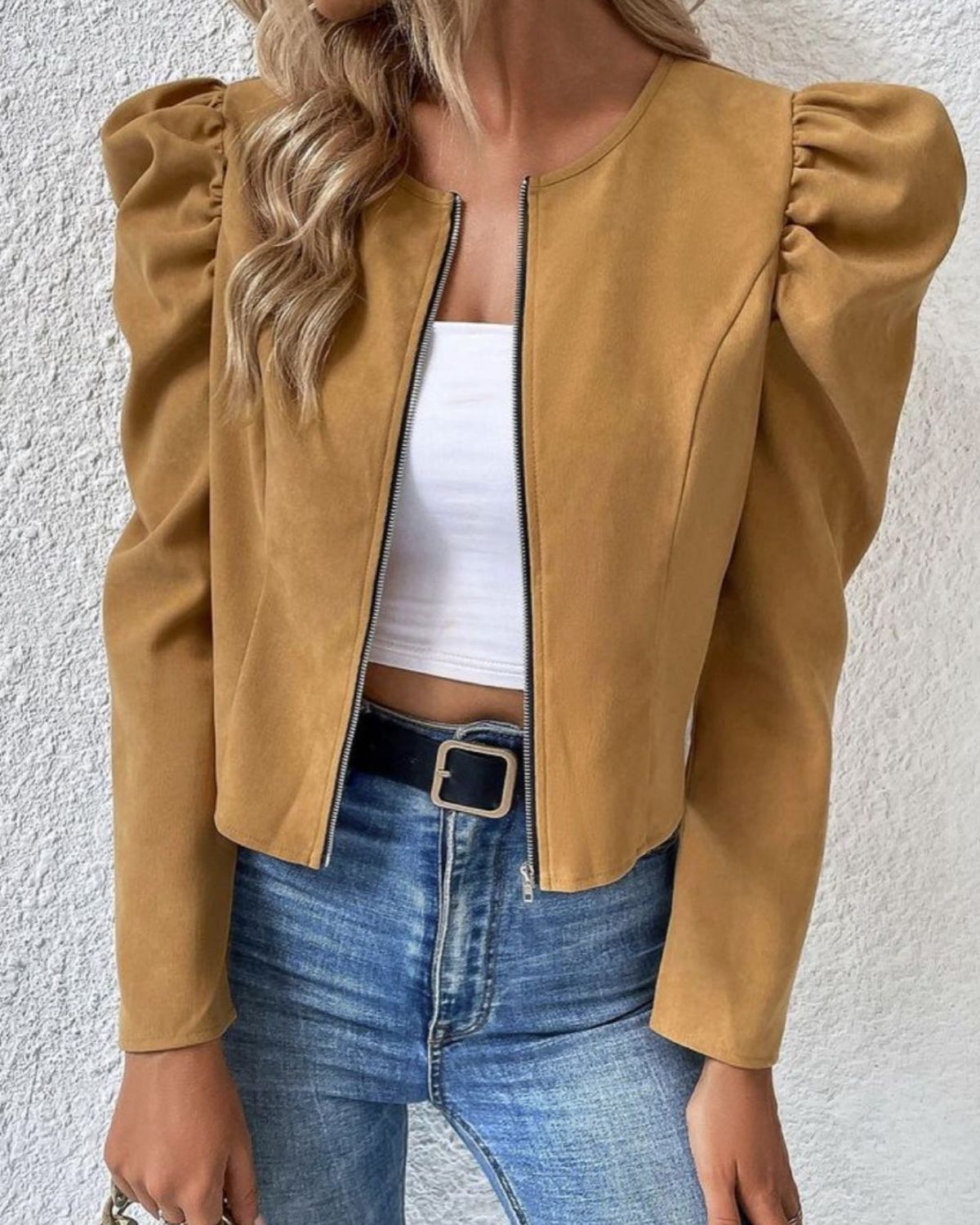 Round Neck Cardigan Zipper Bubble Long Sleeve Coat Women's Clothing