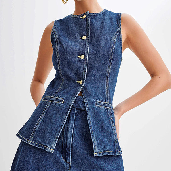 Fashion Denim Suit Summer Casual Sleeveless Button Vest Top