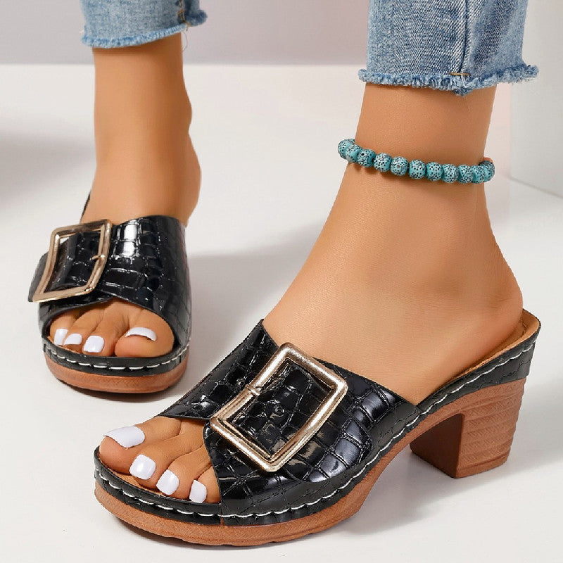Fashion Crocodile-textured Buckle Sandals Square Chunky Heel