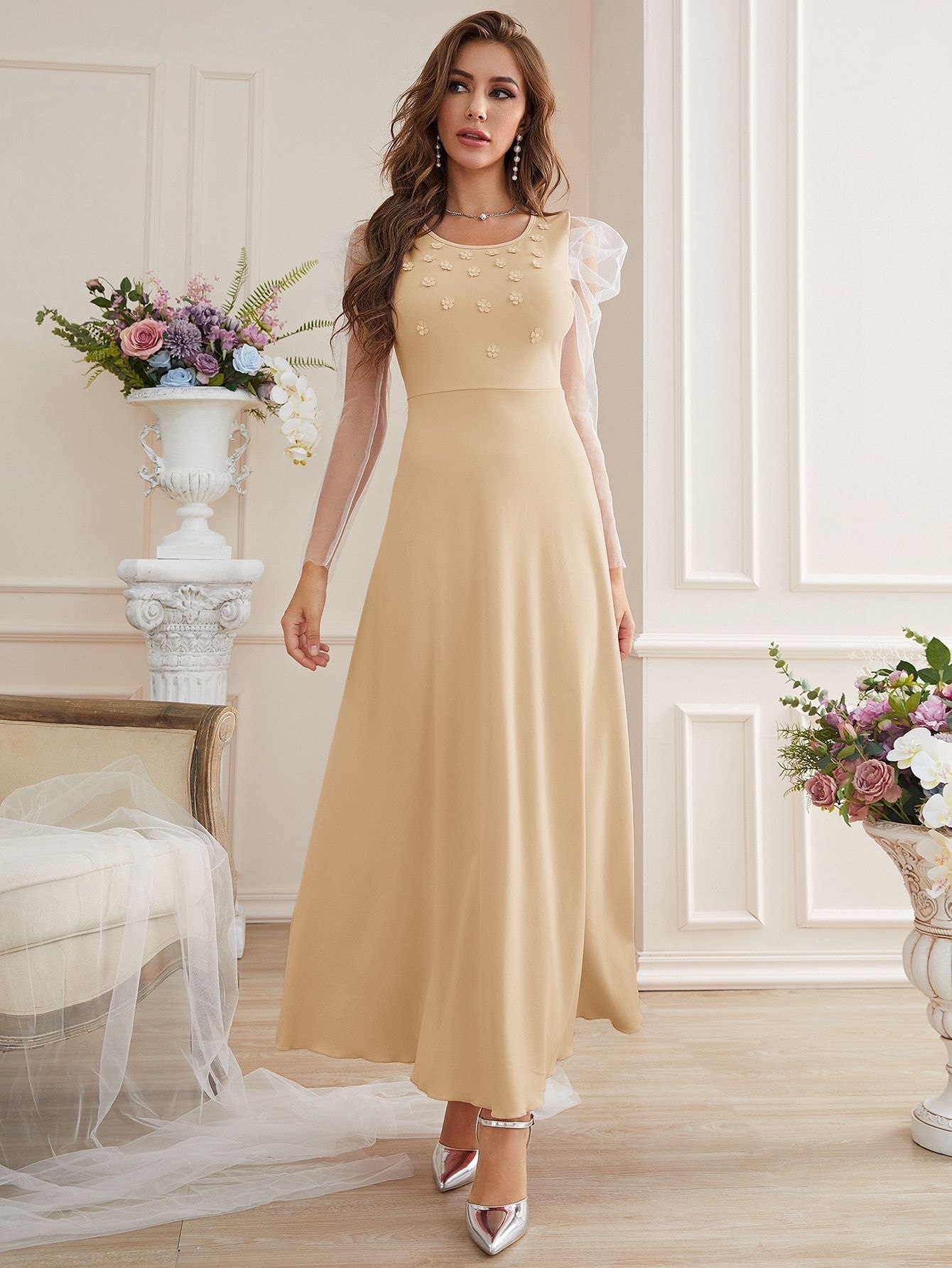 Fashion Elegant Mesh Sleeves Women's Dress