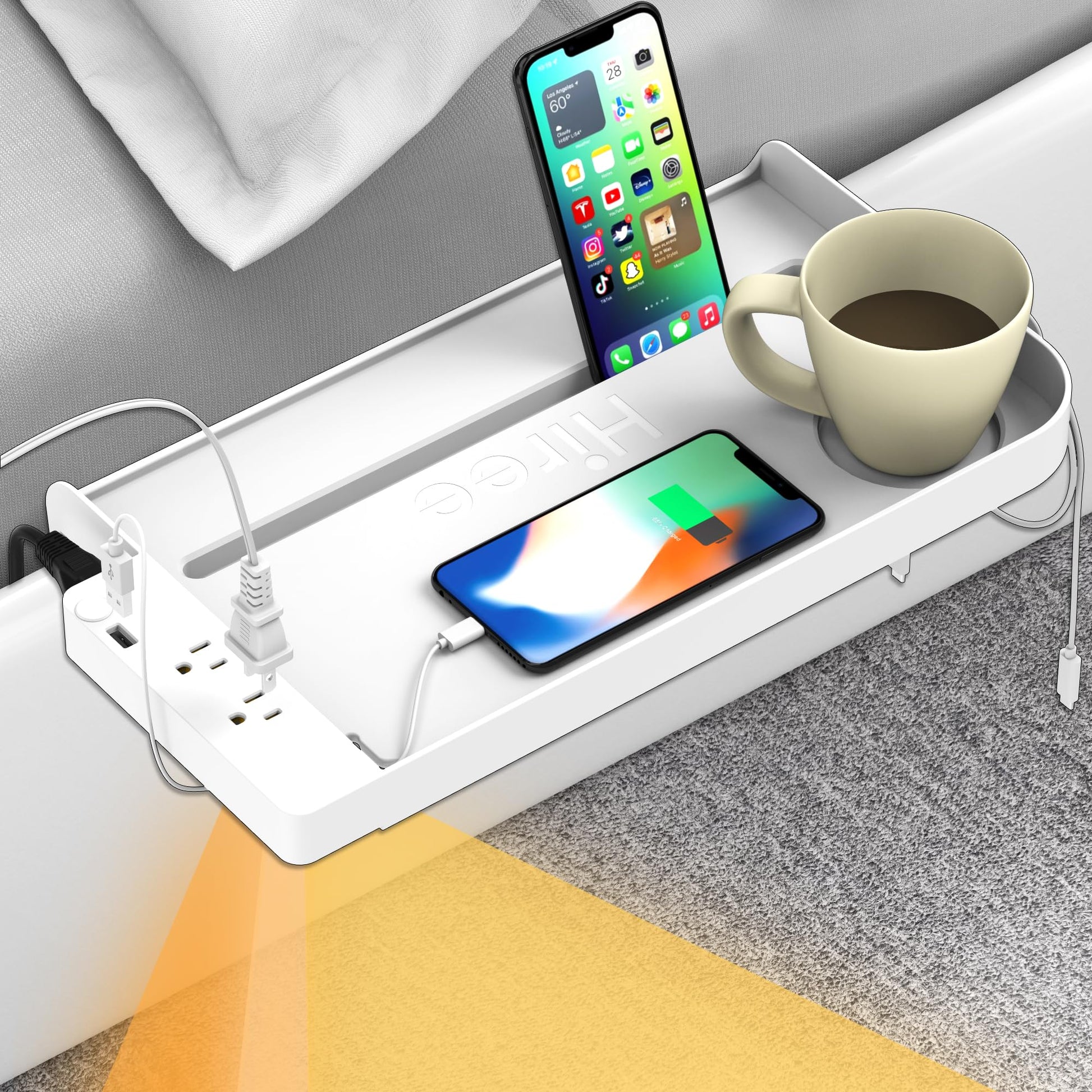 Bedside Shelf for Dorm Bunk Bed with USB Charging Port and 2 AC Outlets, Bedside Caddy, Attachable Bedside Table, College Dorm Essential Clip On Bedside Tray, Bunk Bed Accessories, Bedroom Furniture