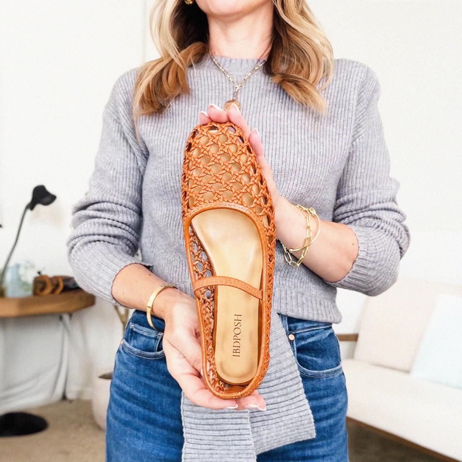 Woven Mesh Ballet Flats Shoes for Women with Elastic Strap Square Toe Breathable Slip On Flat Mary Janes Dress Casual Shoes
