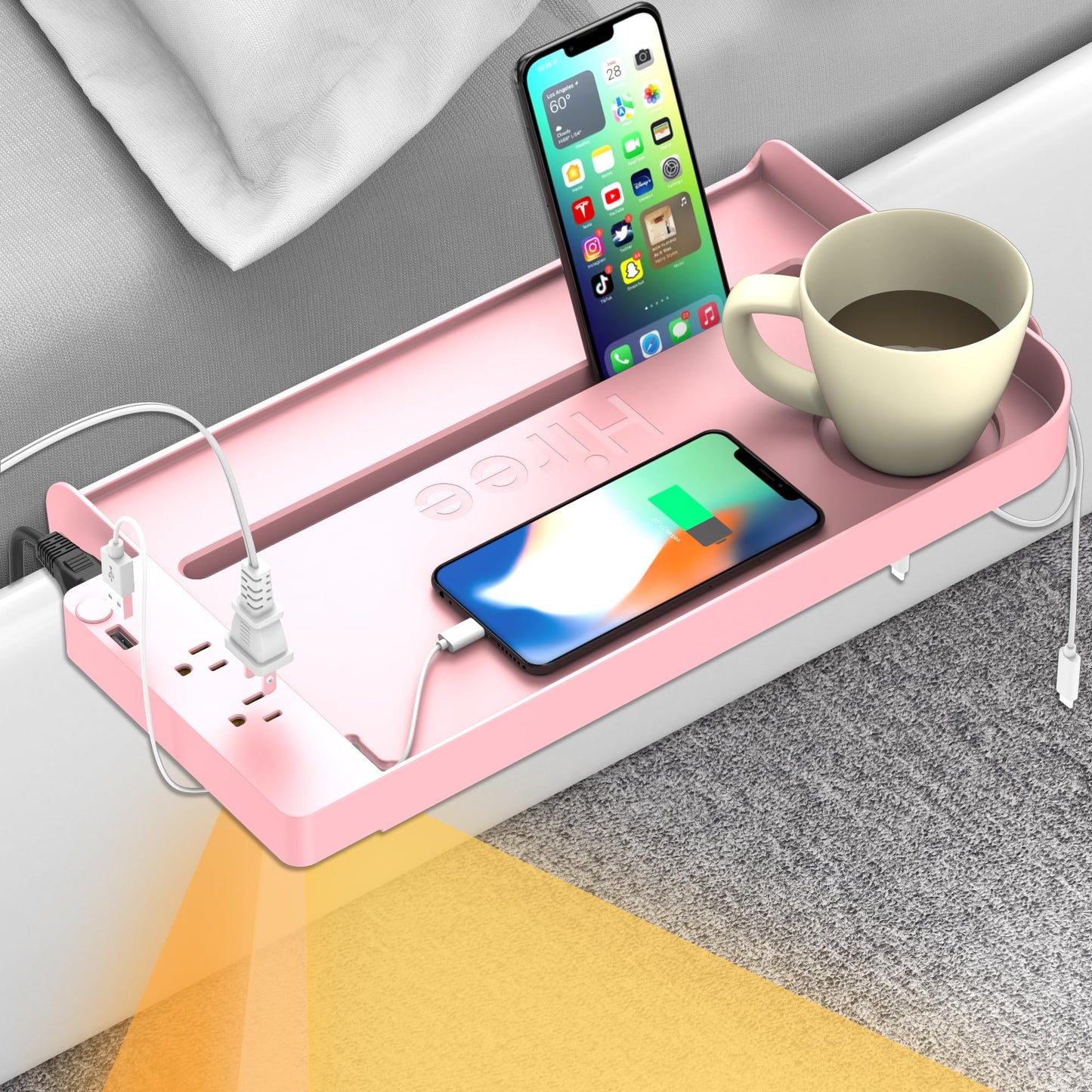Bedside Shelf for Dorm Bunk Bed with USB Charging Port and 2 AC Outlets, Bedside Caddy, Attachable Bedside Table, College Dorm Essential Clip On Bedside Tray, Bunk Bed Accessories, Bedroom Furniture