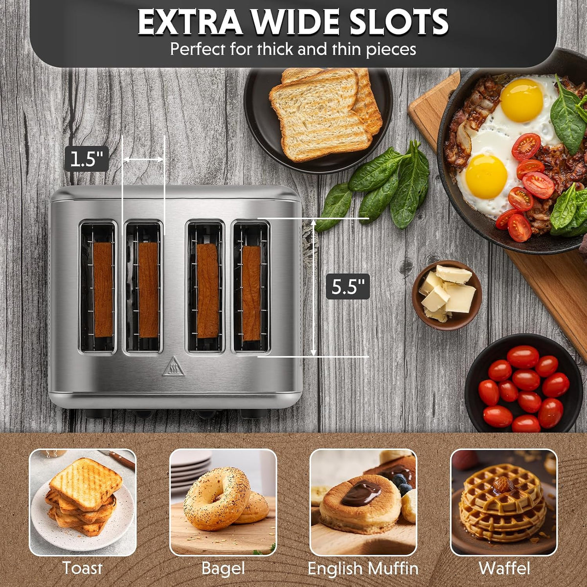 BUYDEEM DT440 4-Slice Toaster, 6 Shade Settings, 1.5" Wide Slots, Silver
