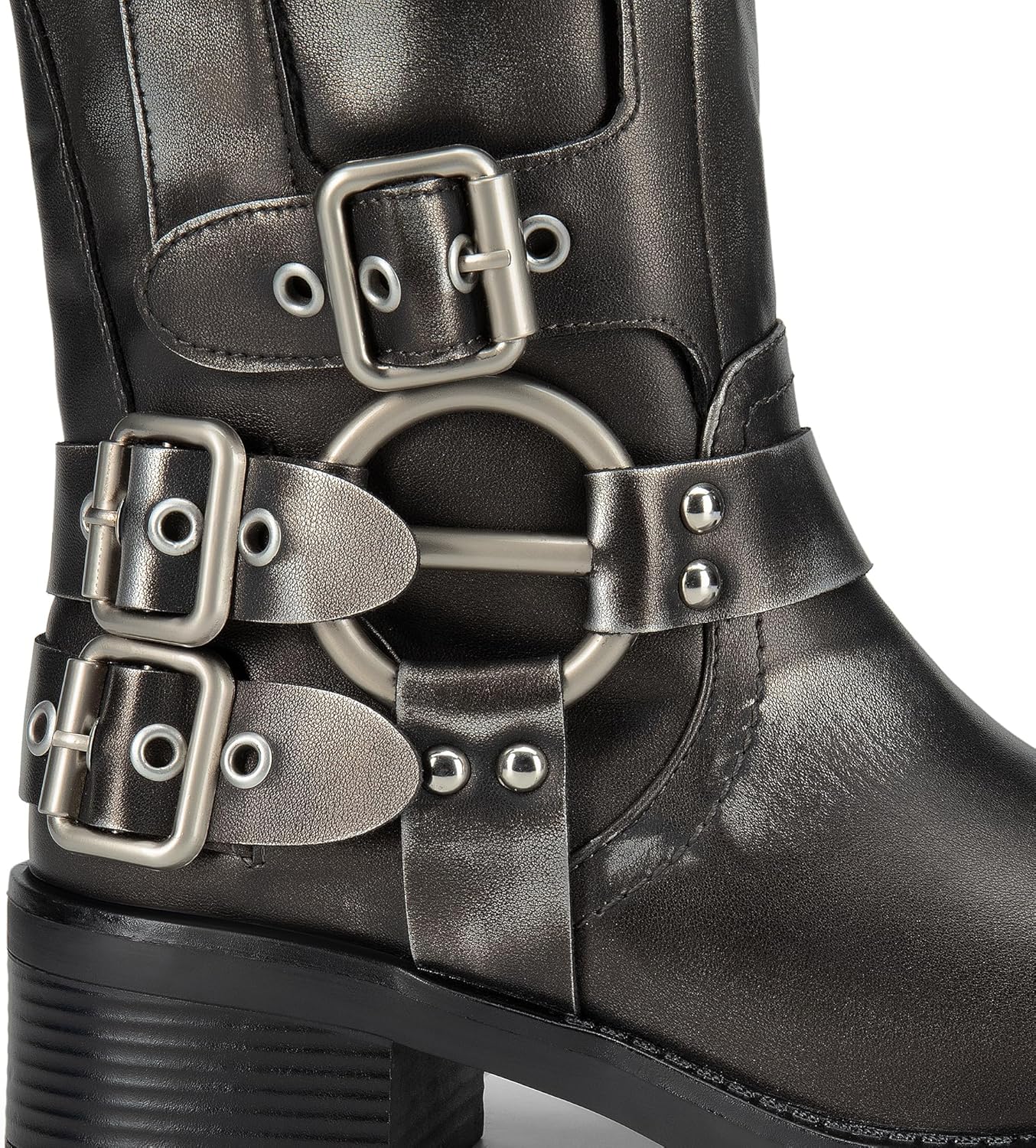 DREAM PAIRS Women's Knee High Riding Boots Side Zipper Motorcycle Boots Square Toe Chunky Heel Fashion Buckles Biker Boots