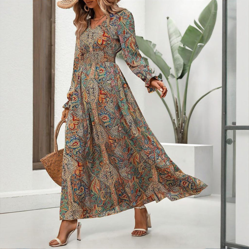Women's V-Neck Retro Geometric Print Flounce Sleeve Dress