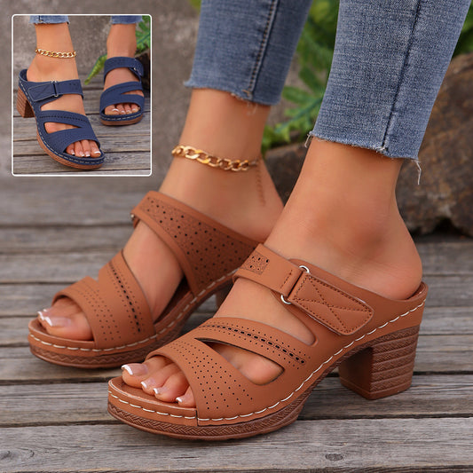 Square-heeled Peep-toe Slides Shoes Summer Casual Chunky Heel Sandals