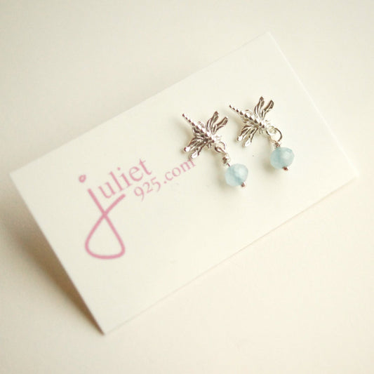 Dragonfly and Aquamarine Silver Earrings