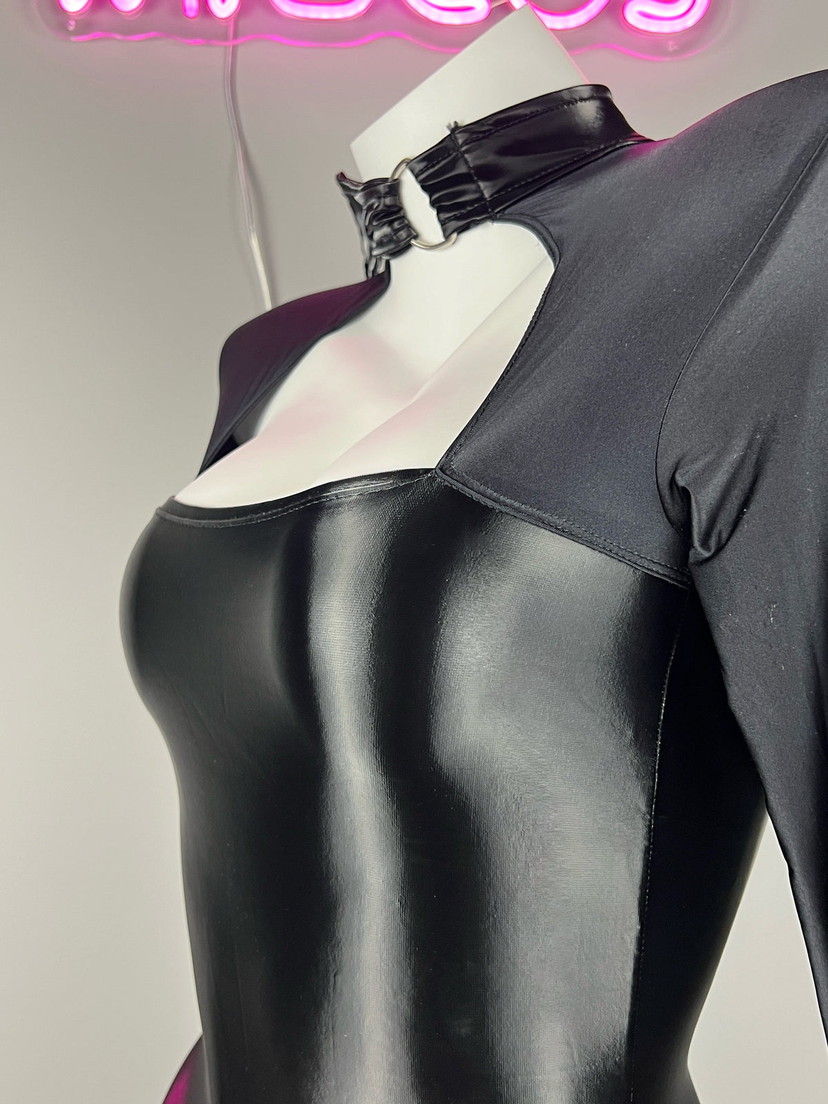 Gothic Long Sleeves Spasndex PU Leather Tight Party Dress Lingerie