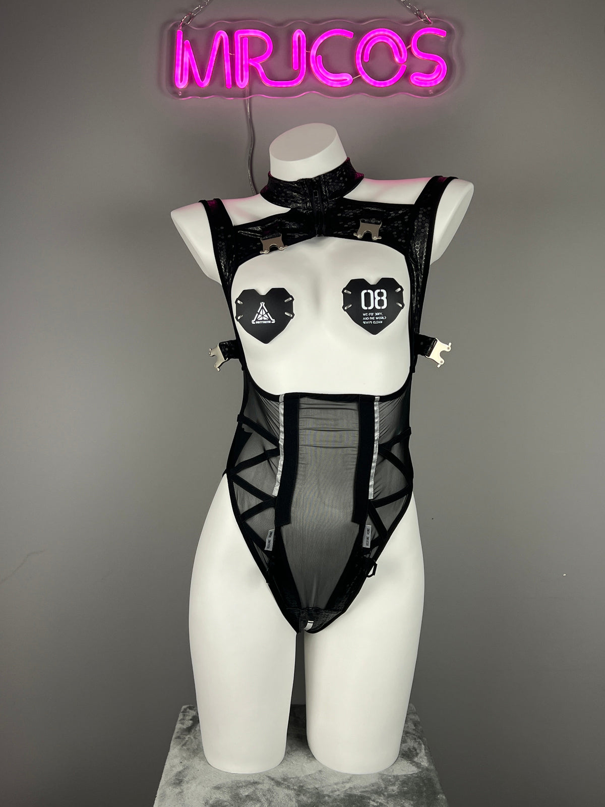 Tactical Anime Girl PU Leather Sheer Mesh Sexy Cosplay Bodysuit Costume