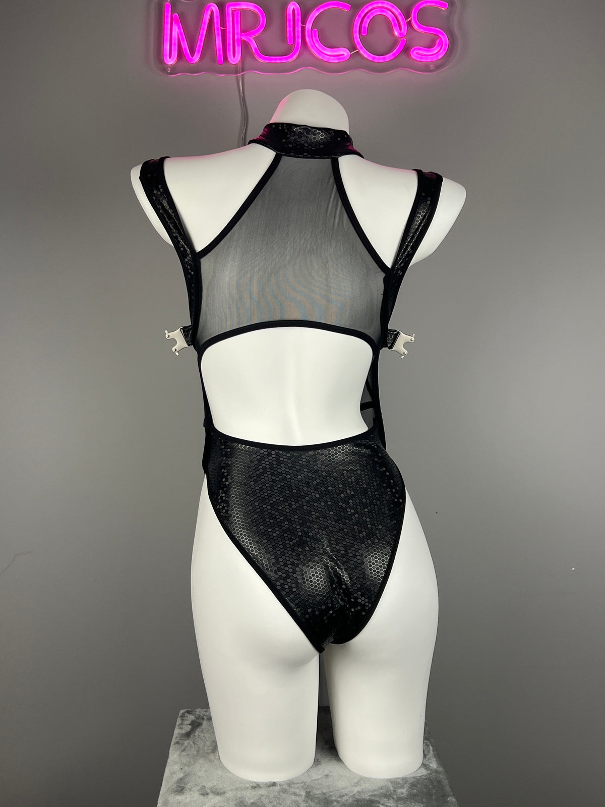 Tactical Anime Girl PU Leather Sheer Mesh Sexy Cosplay Bodysuit Costume