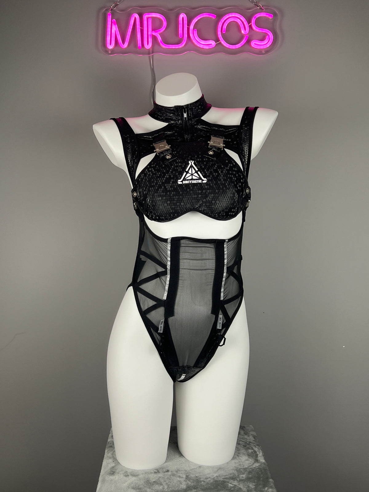 Tactical Anime Girl PU Leather Sheer Mesh Sexy Cosplay Bodysuit Costume