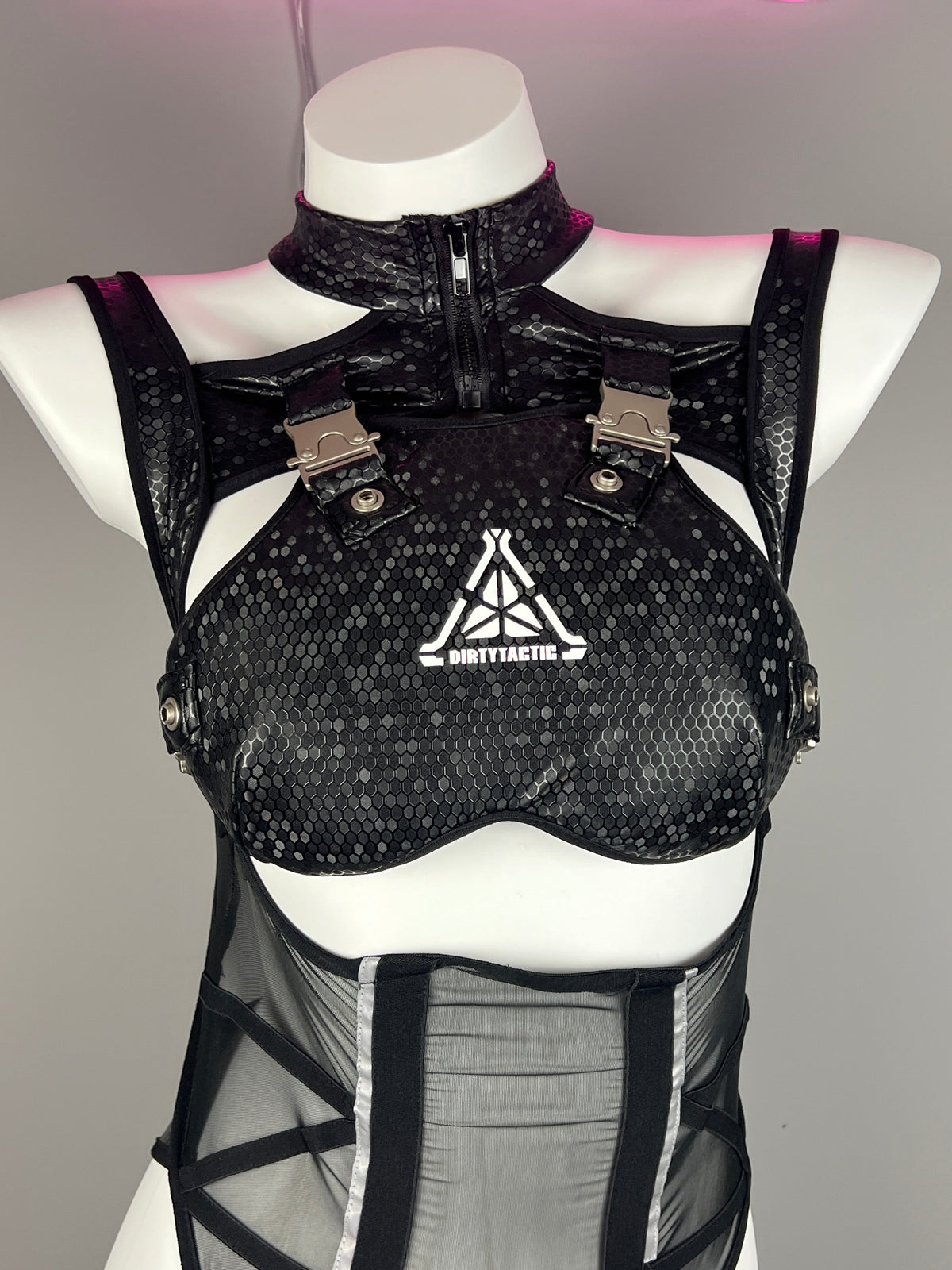 Tactical Anime Girl PU Leather Sheer Mesh Sexy Cosplay Bodysuit Costume