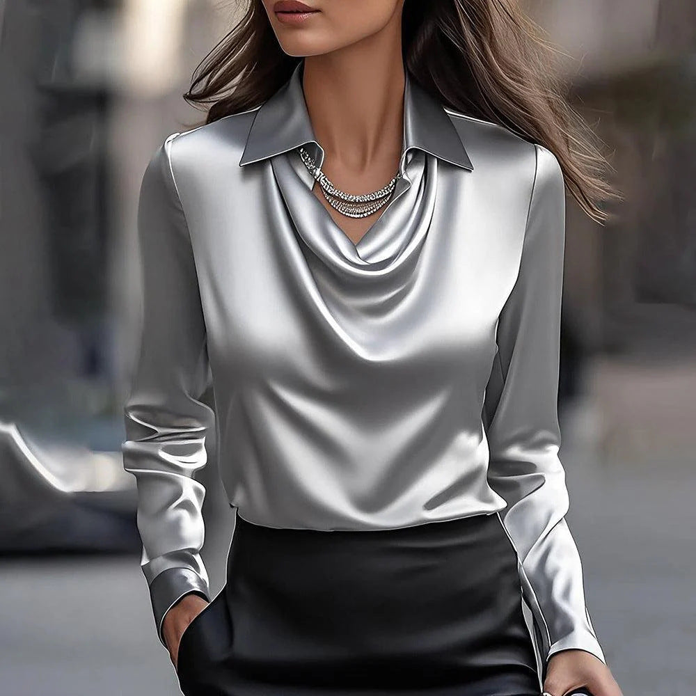 Women's Swing Collar Draped Shirts & Blouses Elegant Solid Satin Office Ladies Top