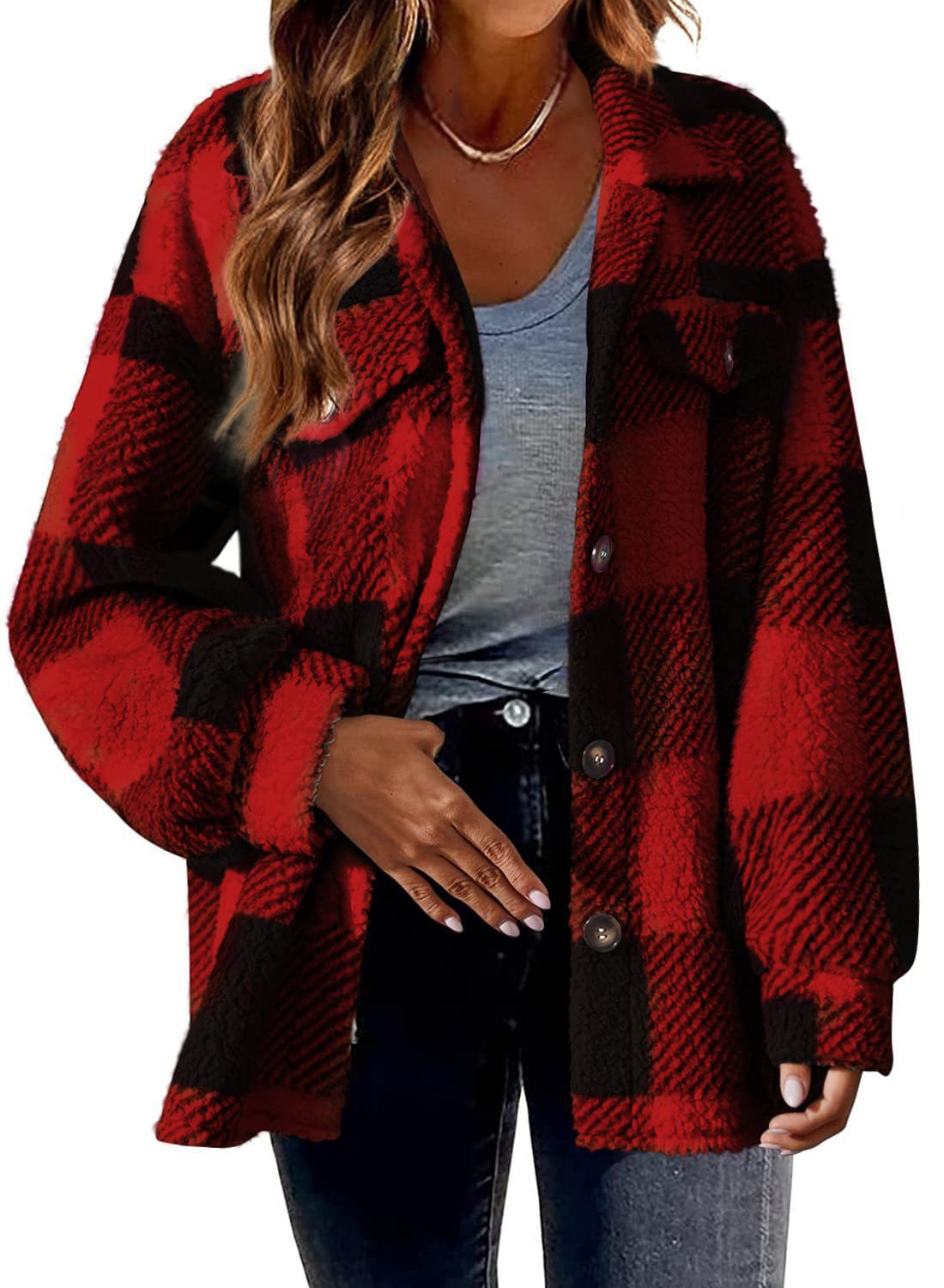Turndown Collar Plaid Jacket With Pockets