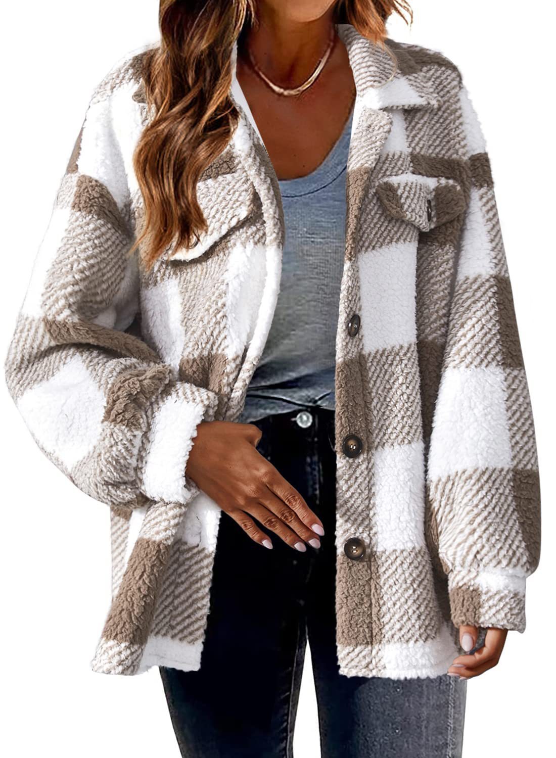 Turndown Collar Plaid Jacket With Pockets